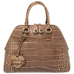 Moschino Brown Croc Embossed Leather Satchel