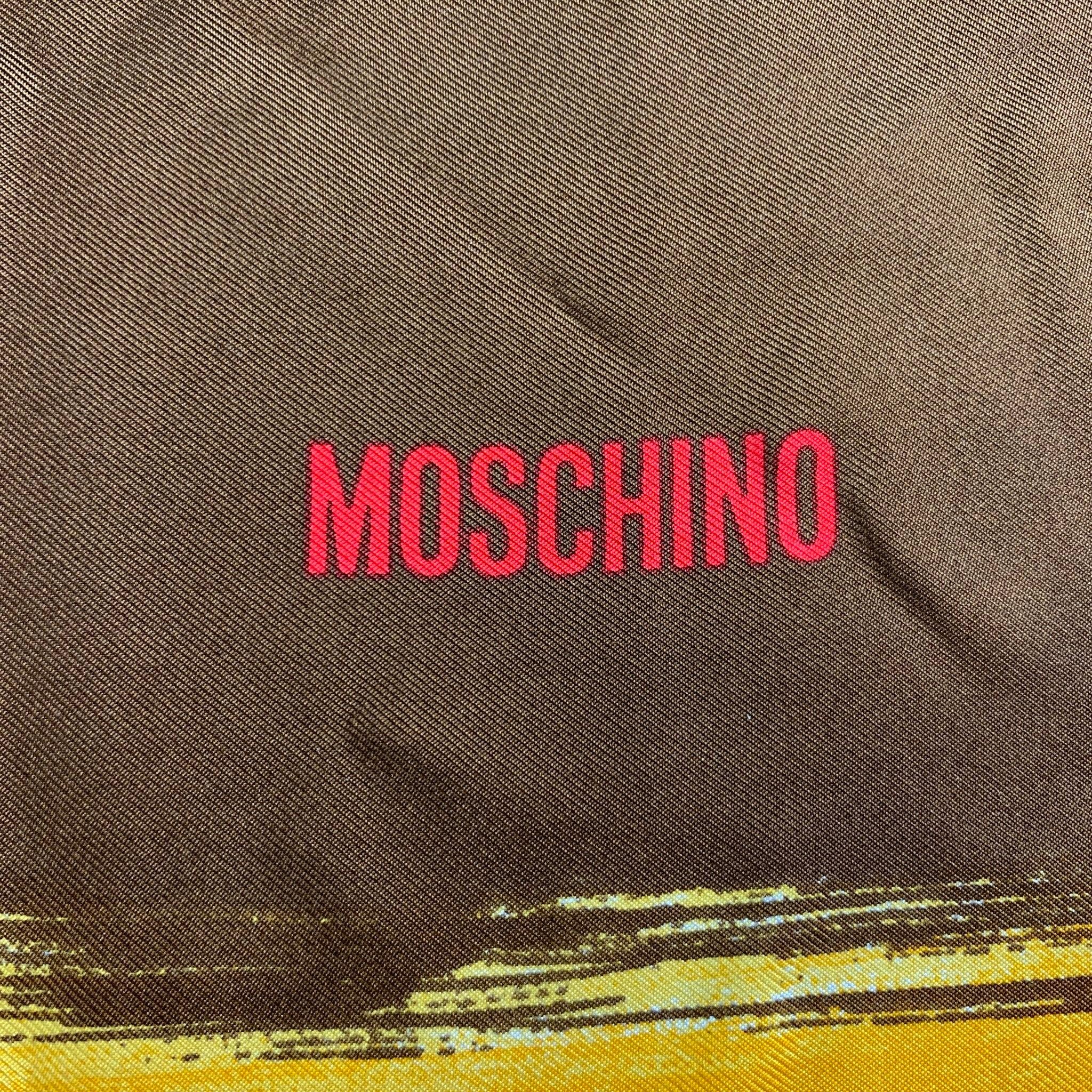 MOSCHINO Brown Gold FOULARDS Marbled Rayon Scarf In Excellent Condition For Sale In San Francisco, CA