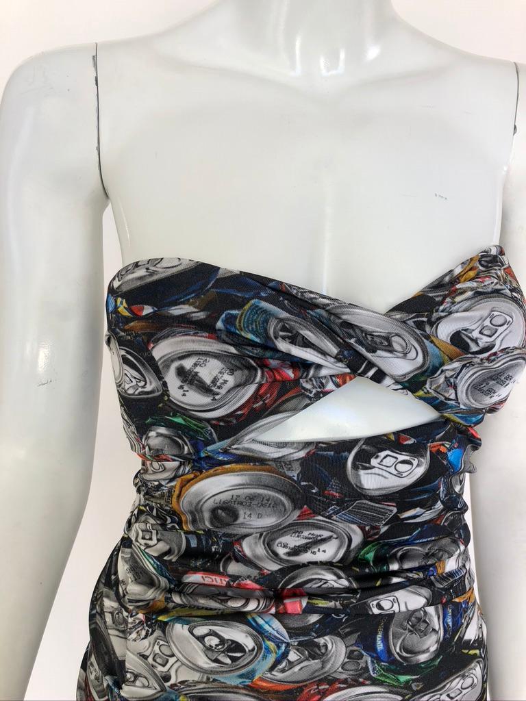 Jersey printed with all over soda can print, strapless, fitted, with an under bust cut out.