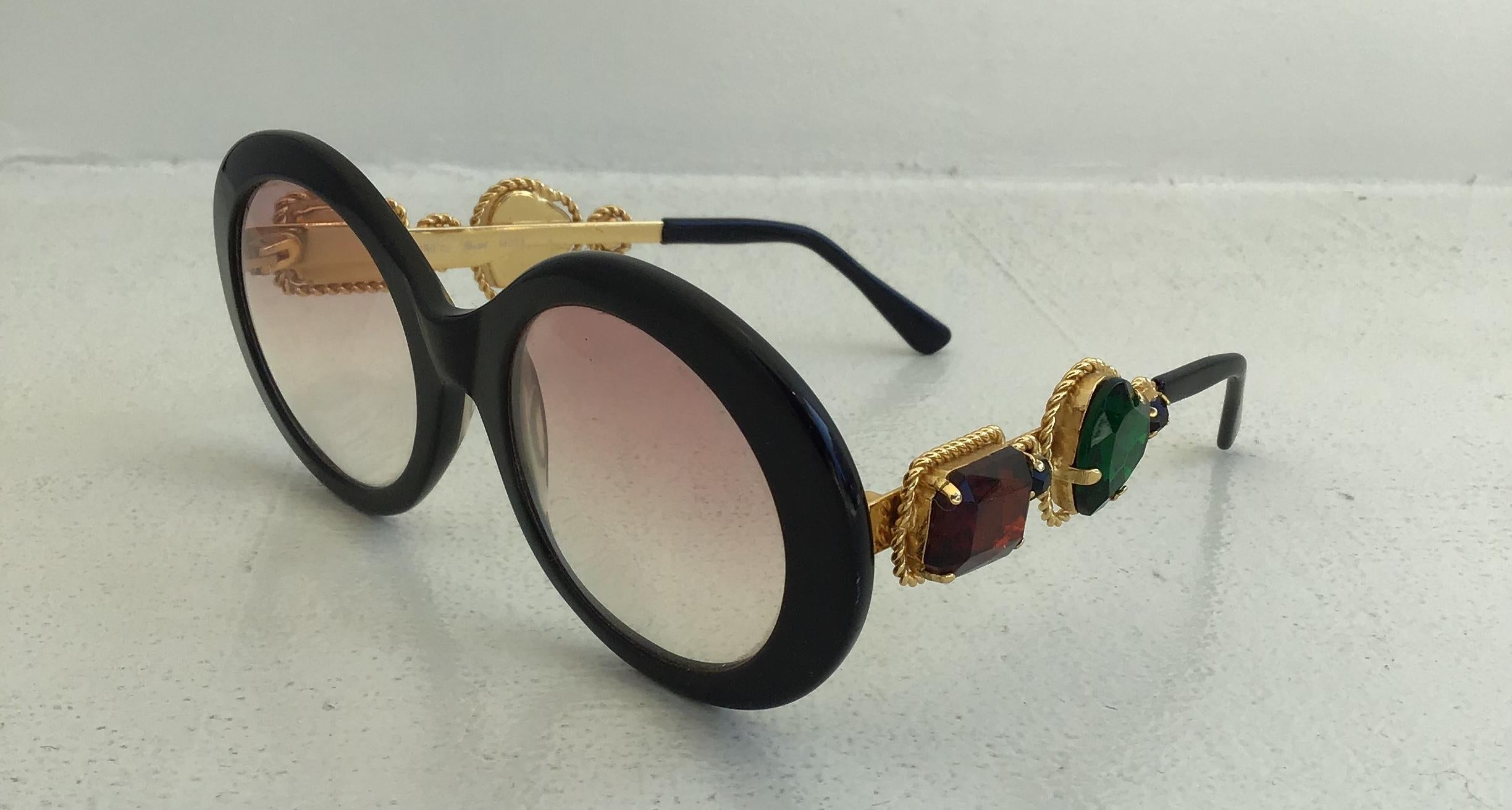 Moschino By Persol Vintage M253 Jewelled Sunglasses. Gradient lenses adorned with auburn and green colored jewels. Same model worn by Lady Gaga.