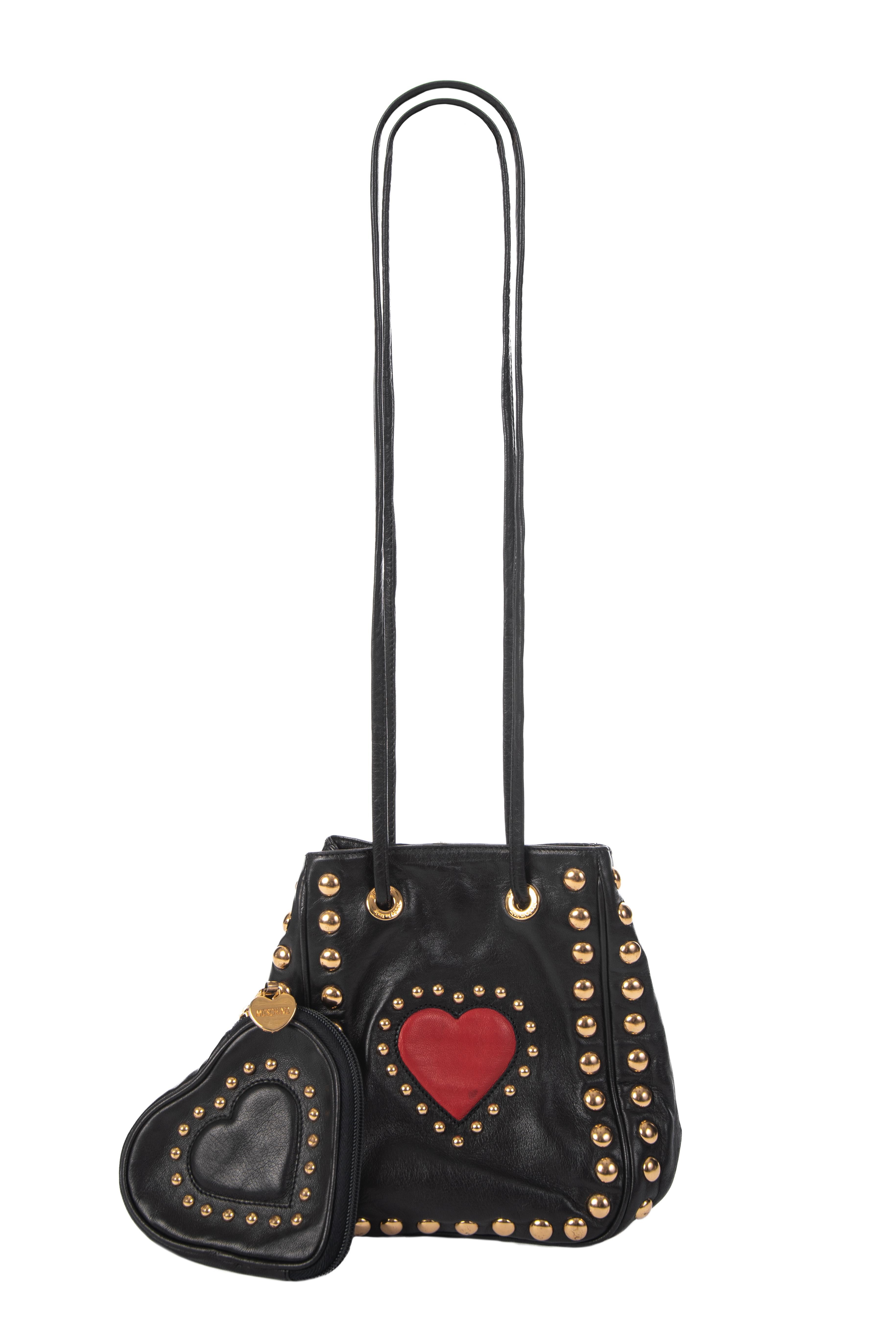 MOSCHINO Black Heart-Shaped Stud Leather Purse or Cosmetic Bag, late 1980s For Sale 6