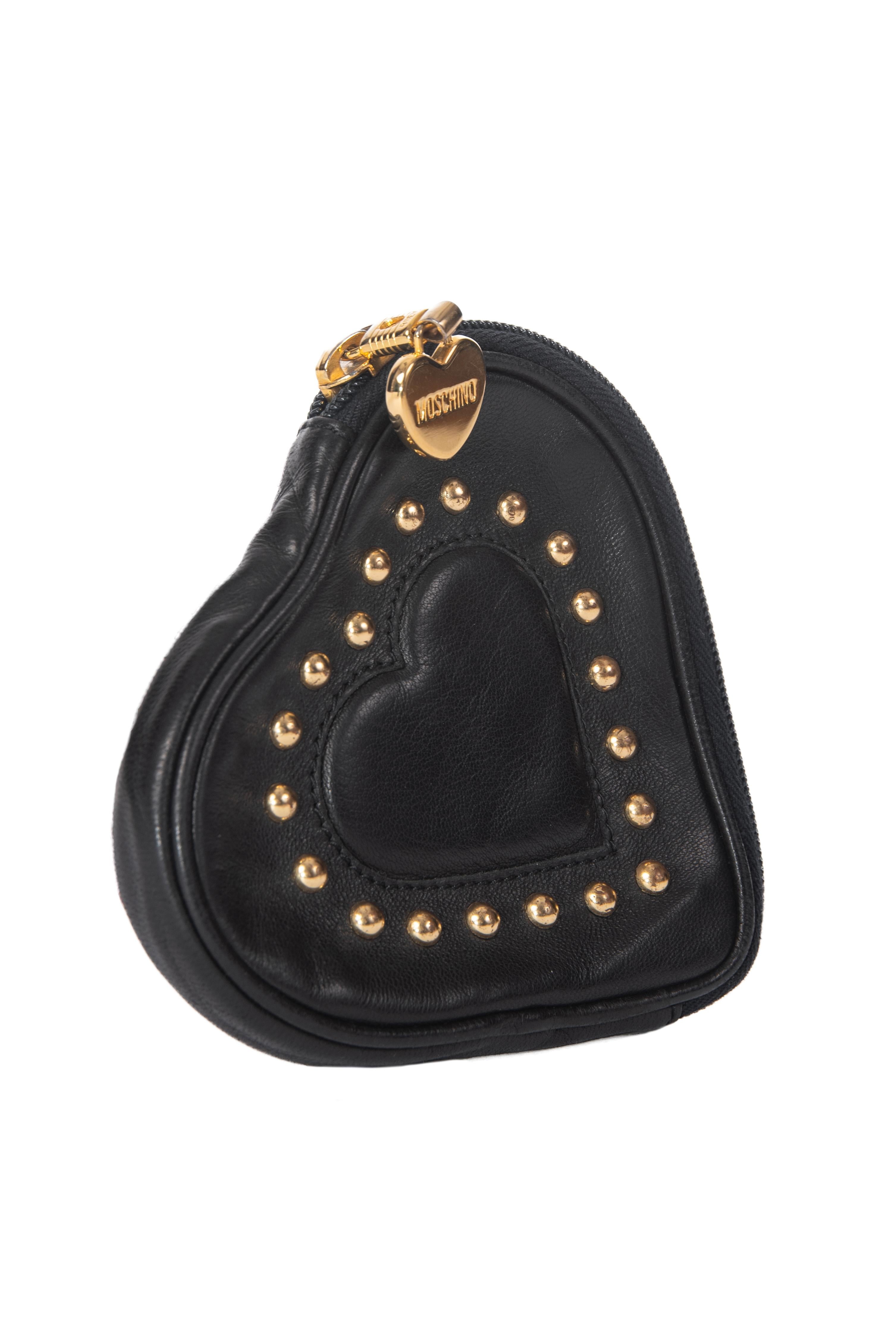 MOSCHINO Black Heart-Shaped Stud Leather Purse or Cosmetic Bag, late 1980s In Excellent Condition For Sale In Munich, DE