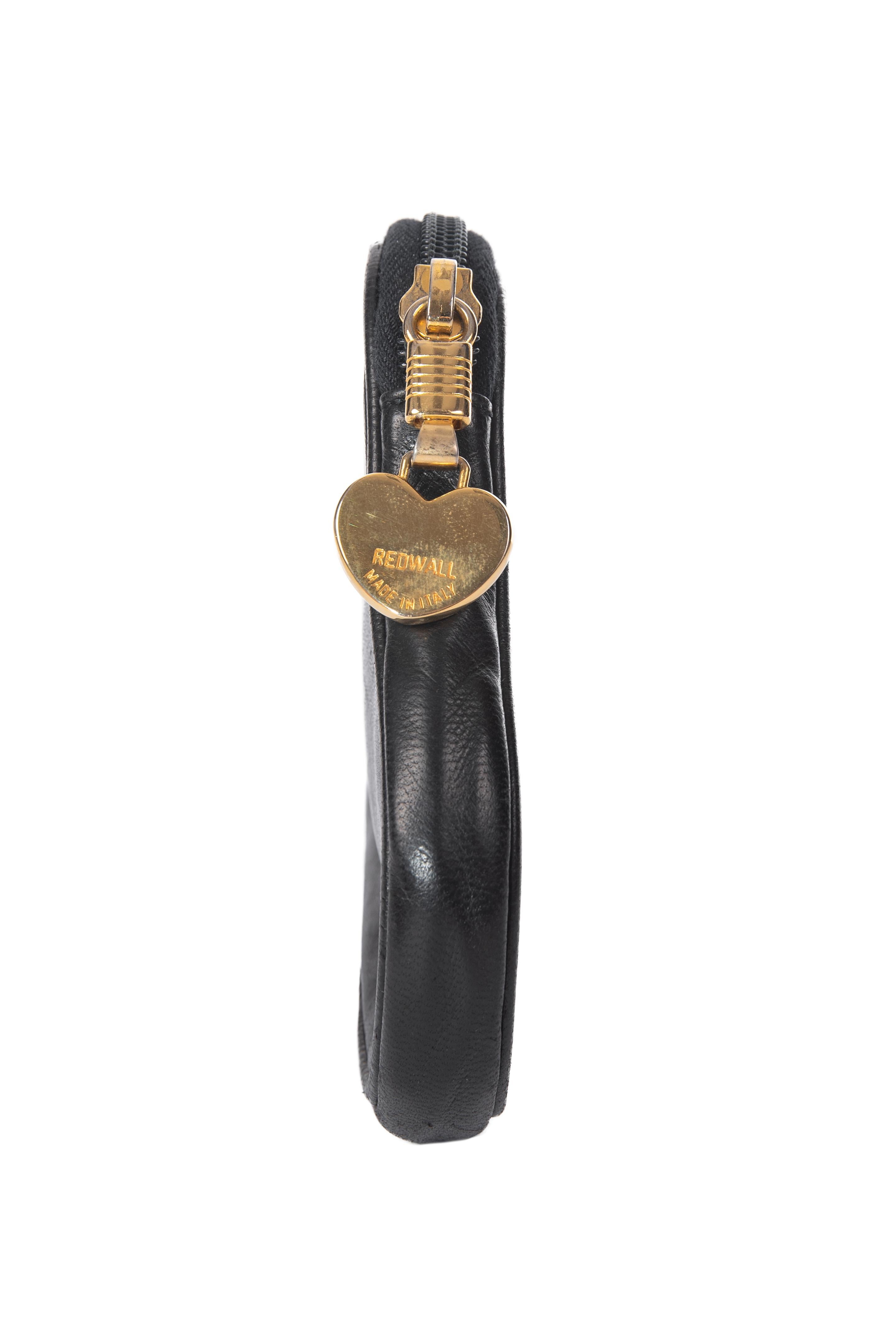 Women's or Men's MOSCHINO Black Heart-Shaped Stud Leather Purse or Cosmetic Bag, late 1980s For Sale