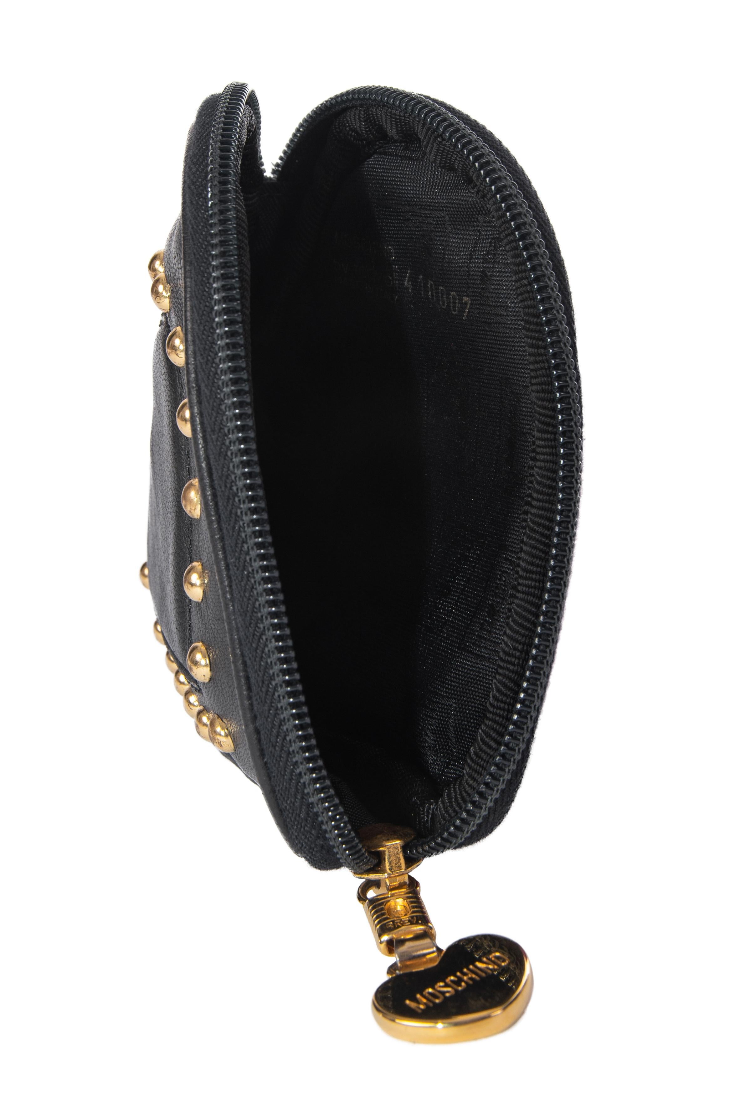 MOSCHINO Black Heart-Shaped Stud Leather Purse or Cosmetic Bag, late 1980s For Sale 3