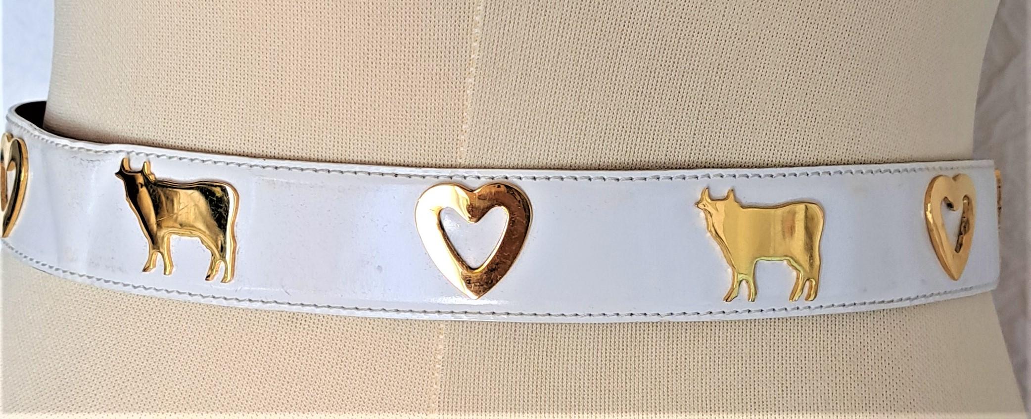 Moschino by Redwall White Leather Belt Gold Cows Hearts 1980s For Sale 1
