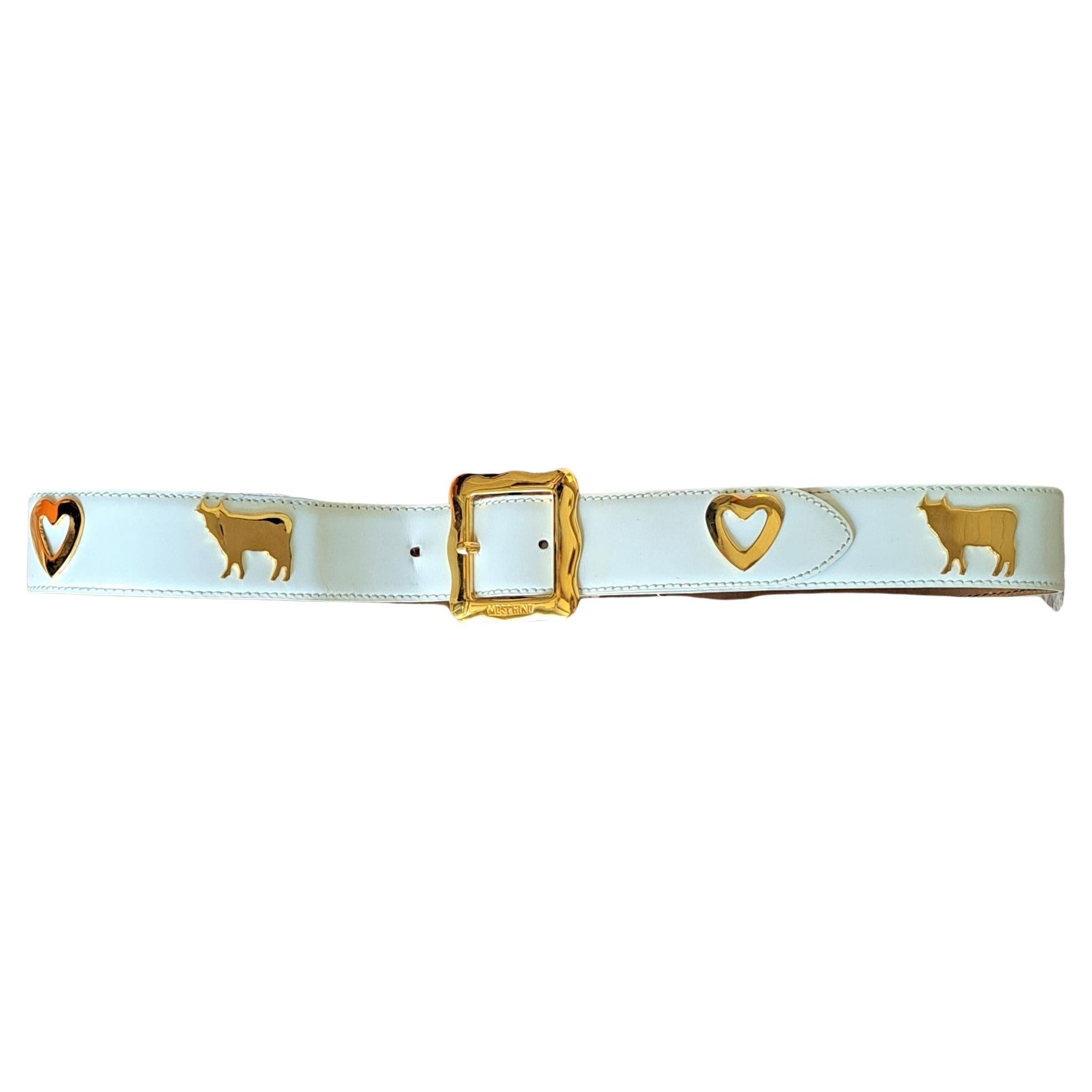 Moschino by Redwall White Leather Belt Gold Cows Hearts 1980s