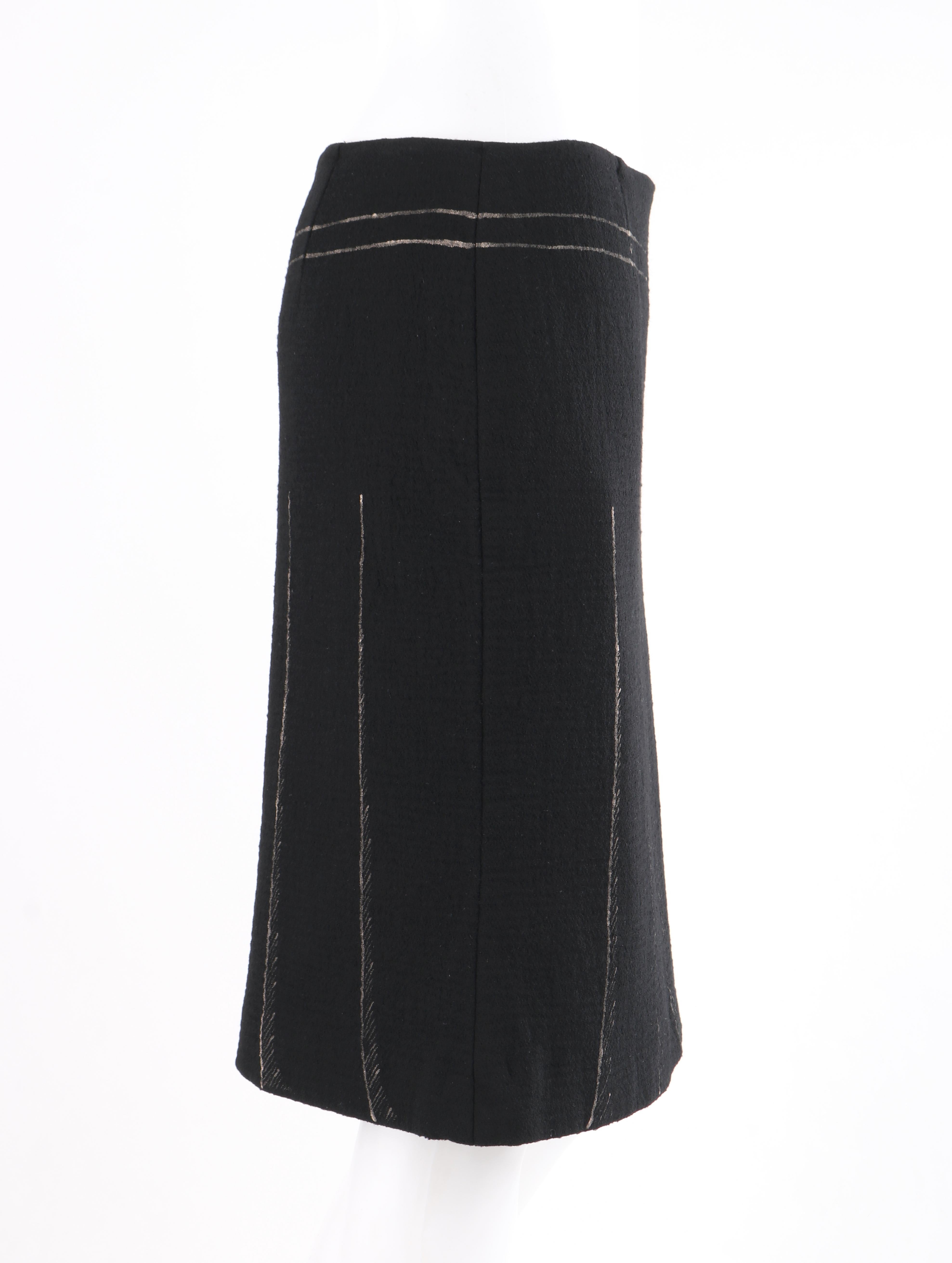 MOSCHINO c. 1990’s Trompe L’oeil Black Metallic Belt Pleated Print Sheath Skirt In Good Condition In Thiensville, WI