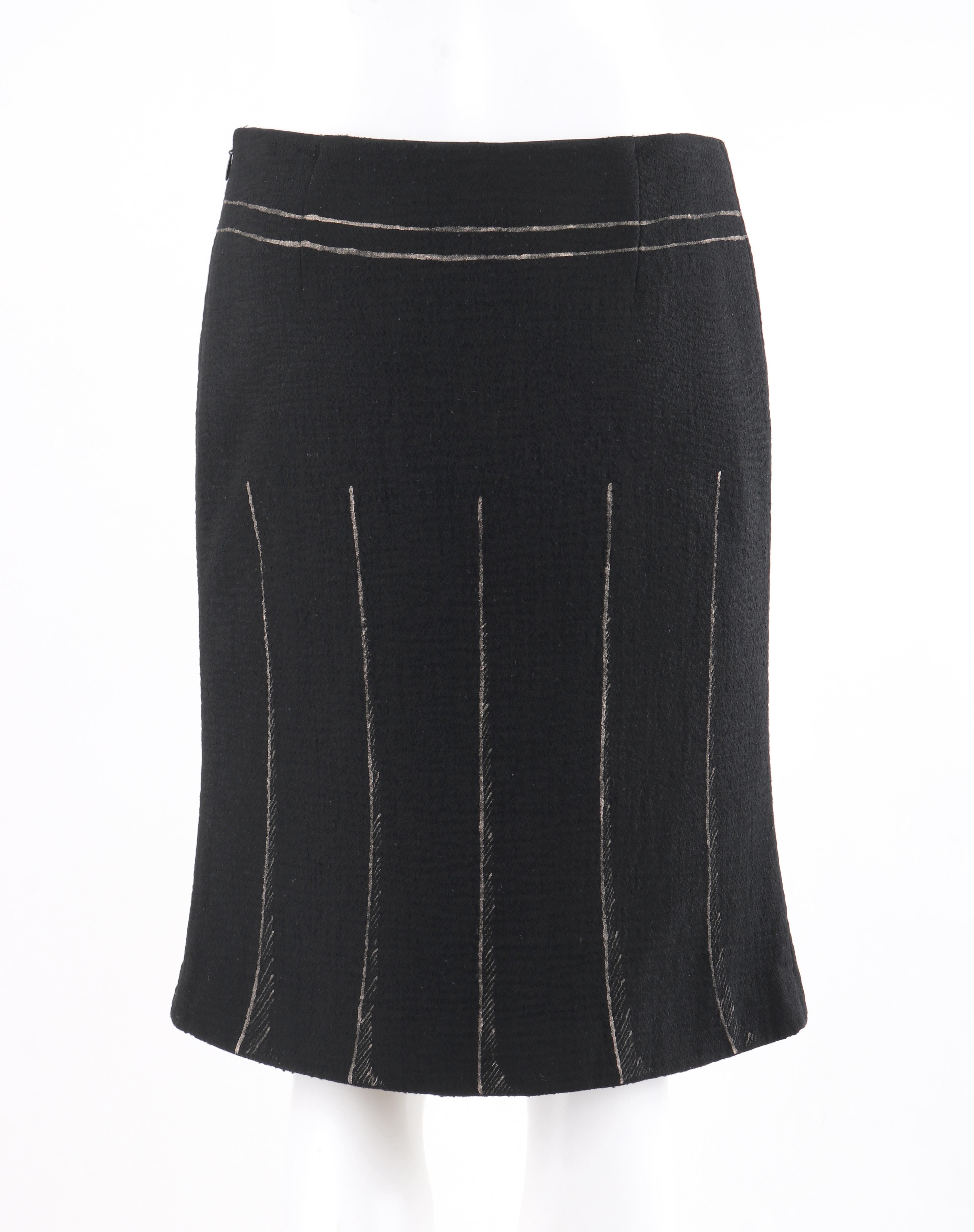 Women's MOSCHINO c. 1990’s Trompe L’oeil Black Metallic Belt Pleated Print Sheath Skirt