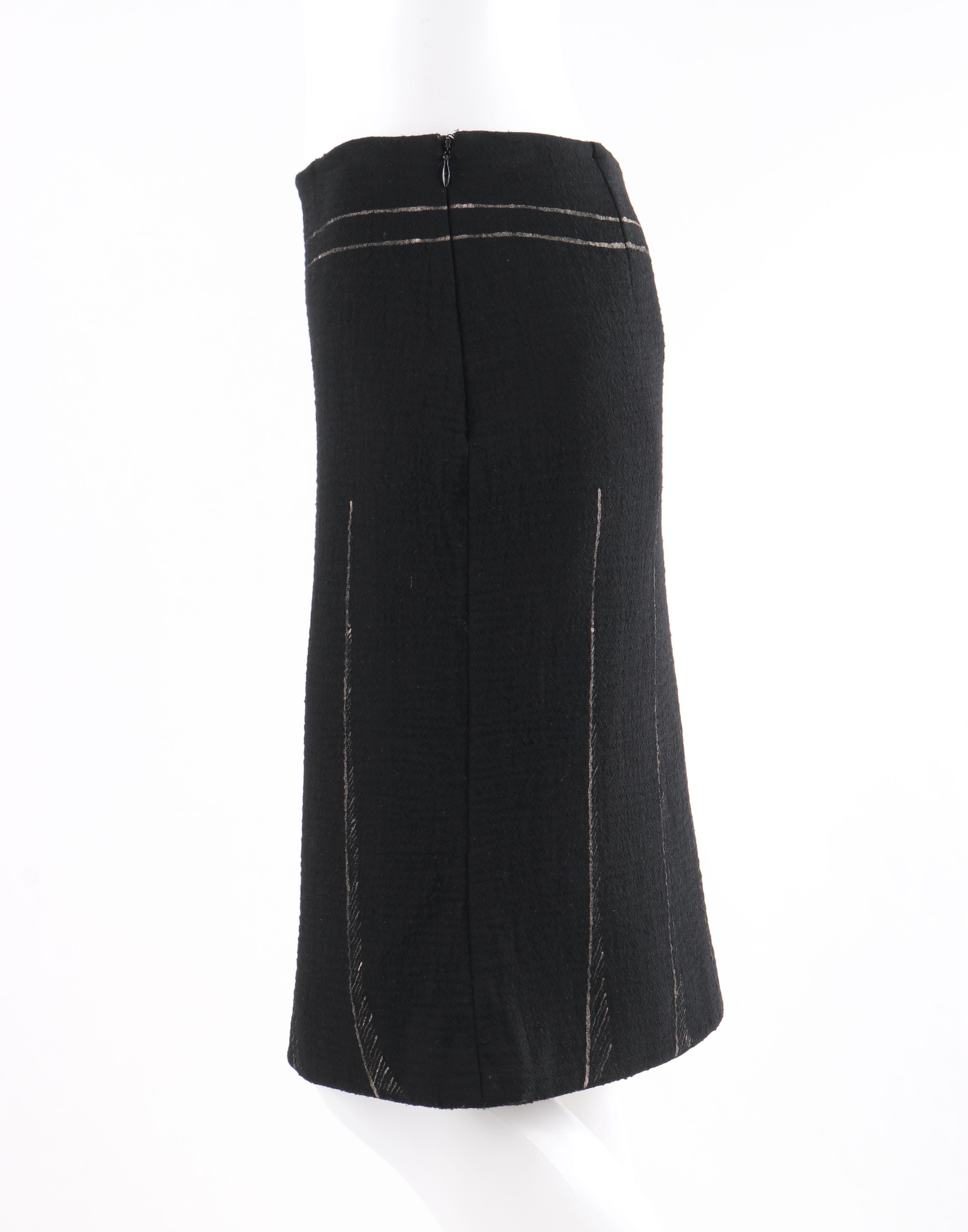 MOSCHINO c. 1990’s Trompe L’oeil Black Metallic Belt Pleated Print Sheath Skirt 1