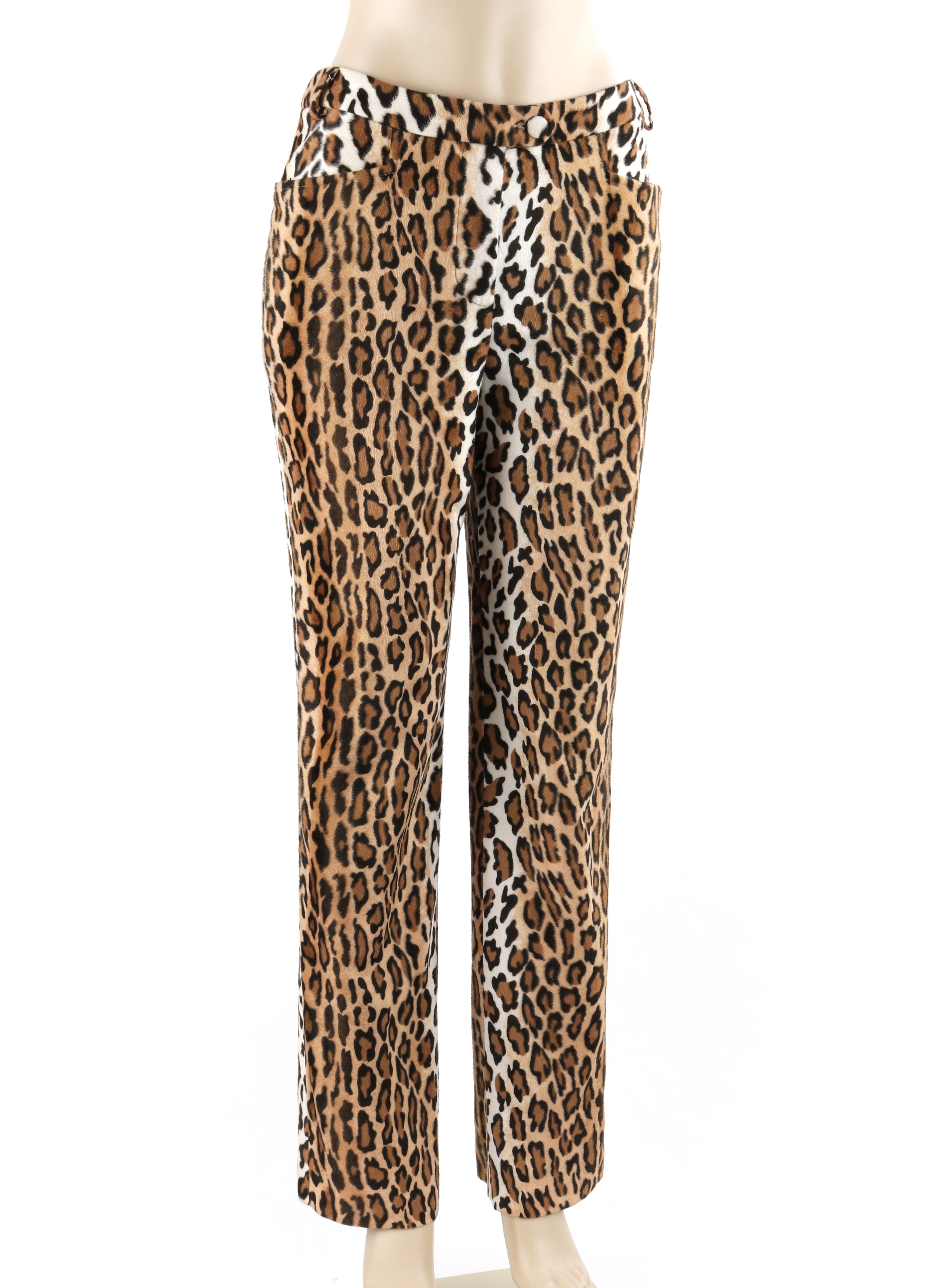 MOSCHINO c.1990’s Cheap & Chic Brown Black Leopard Print Faux Fur Trouser Pants 
  
Brand / Manufacturer: Moschino Cheap & Chic
Circa: 1990’s
Designer: Rossella Jardini
Style: Fitted straight leg trouser pants
Color(s): Shades of brown, tan, black,