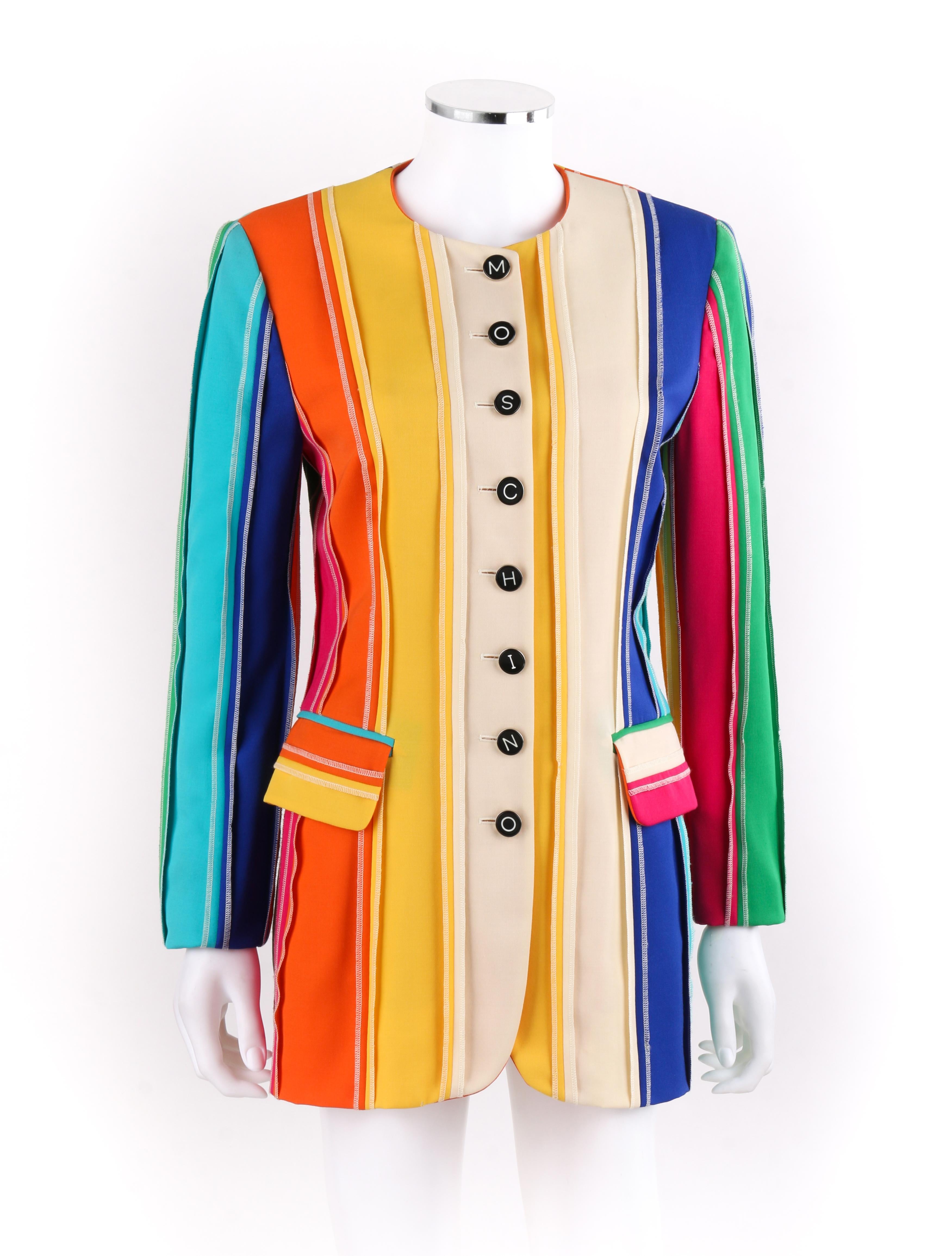 MOSCHINO c.1990's Couture Rainbow Multi-Color Stripe Signature Button-Front Blazer Jacket
 
Circa: 1990’s
Label(s): Moschino / Couture / Repetita Juvant  
Style: Cardigan, jacket
Color(s): Shades of pink, orange, yellow, green, blue and off-white.