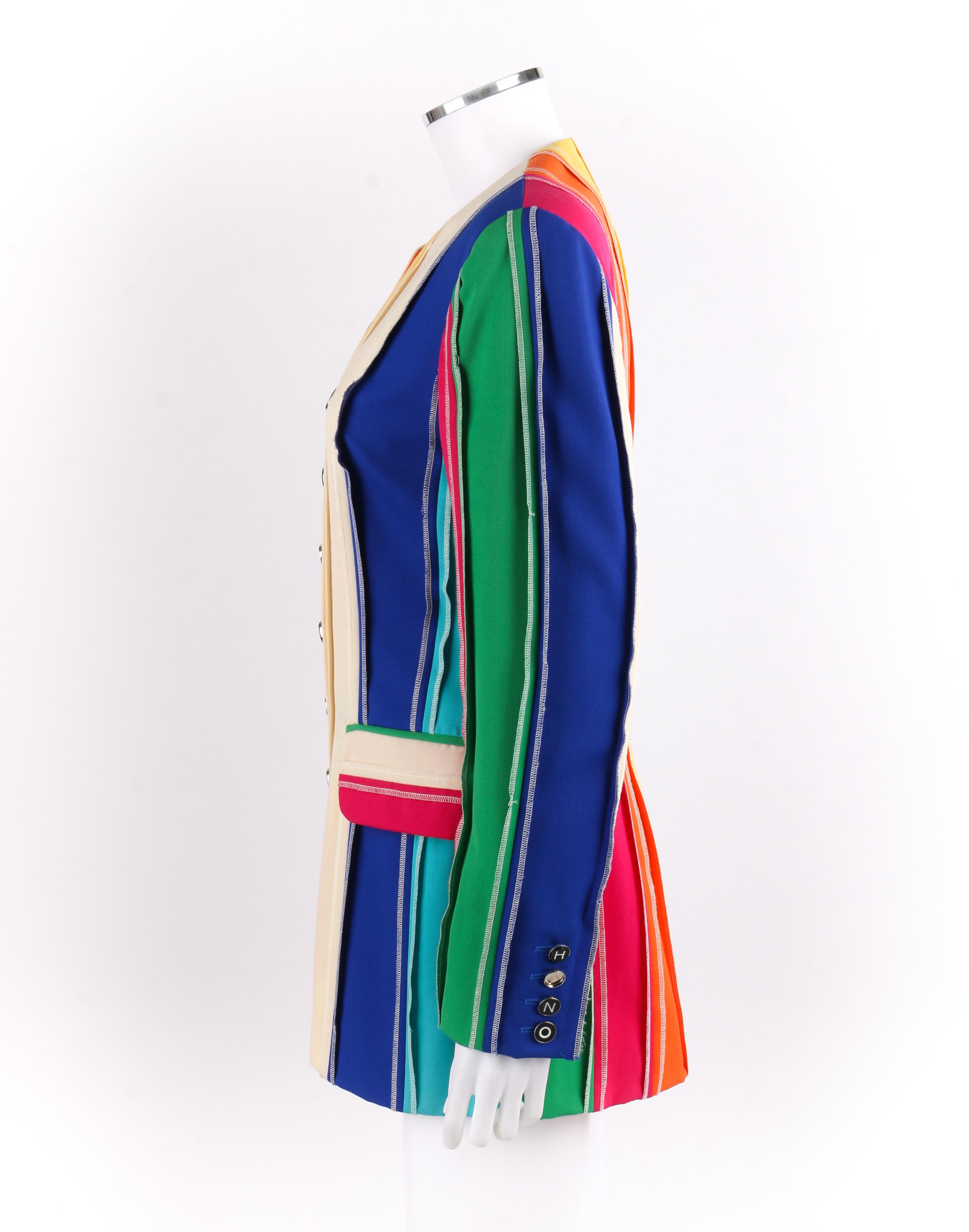 MOSCHINO c.1990's Couture Rainbow Multi-Color Stripe Signature Blazer Jacket In Good Condition In Thiensville, WI