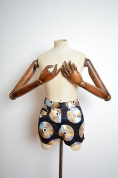 Moschino CD Print 1990s Compact Disc Music pattern Black High waisted Shorts
