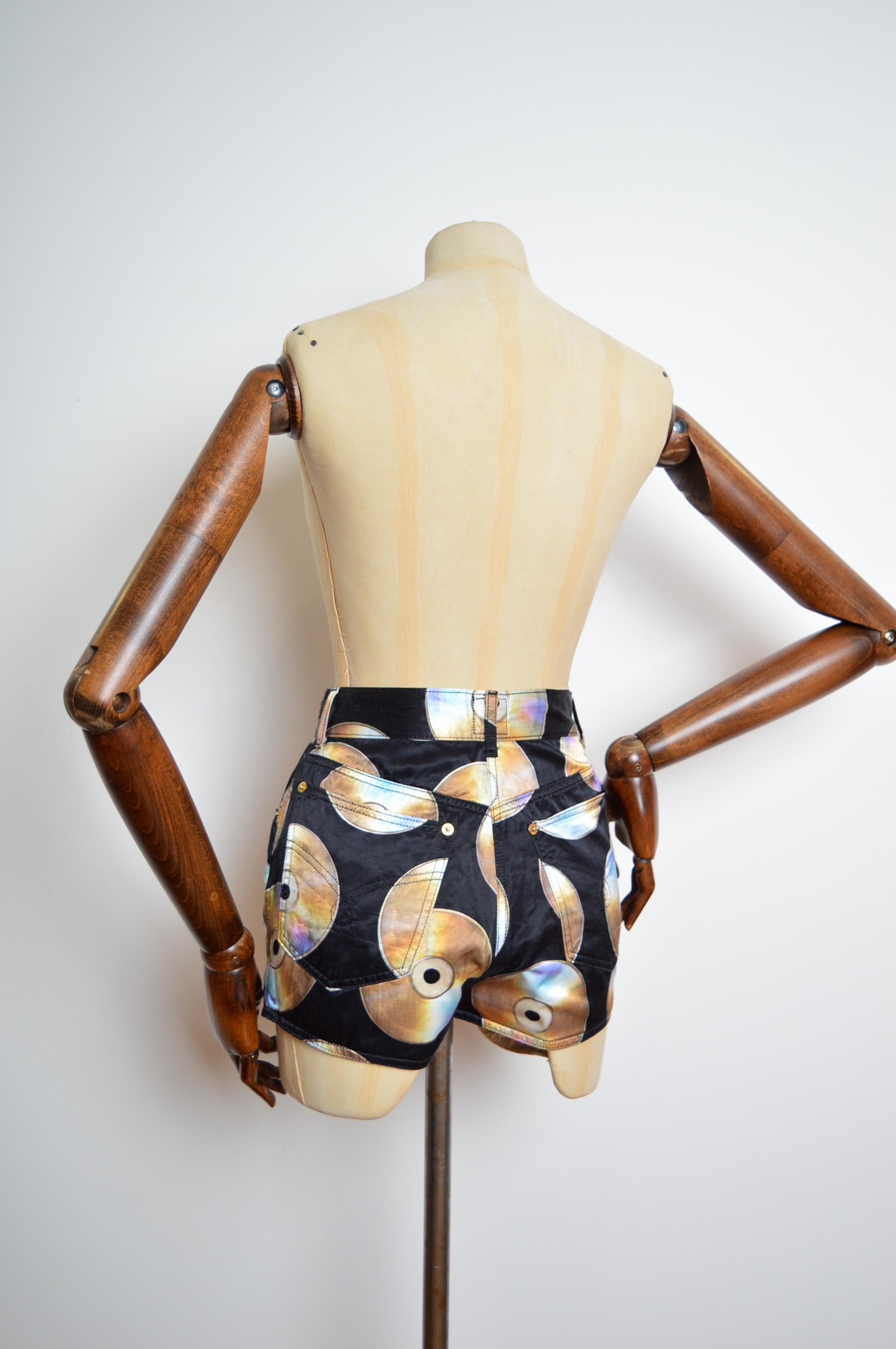 Women's Moschino CD Print 1990s Compact Disc Music pattern Black High waisted Shorts For Sale