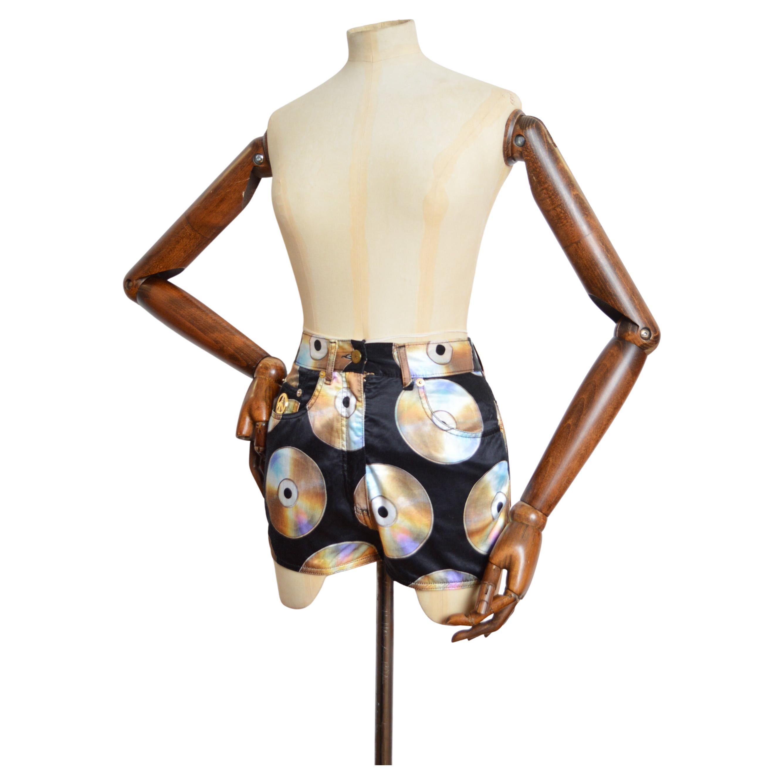 Moschino CD Print 1990s Compact Disc Music pattern Black High waisted Shorts For Sale