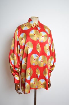 MOSCHINO CD Print 1990s Compact Disc Music pattern Red Satin Shirt