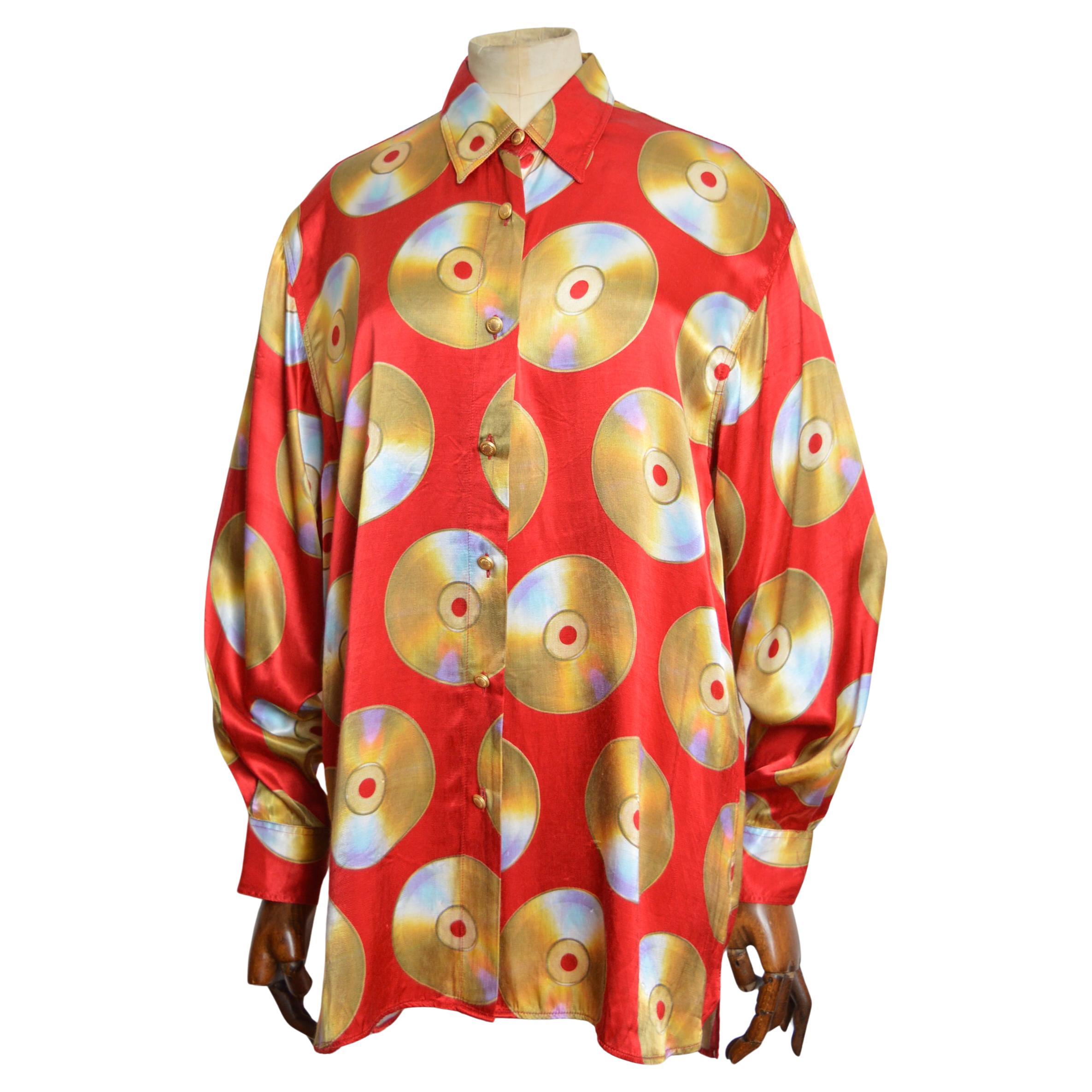MOSCHINO CD Print 1990s Compact Disc Music pattern Red Satin Shirt For Sale at 1stDibs