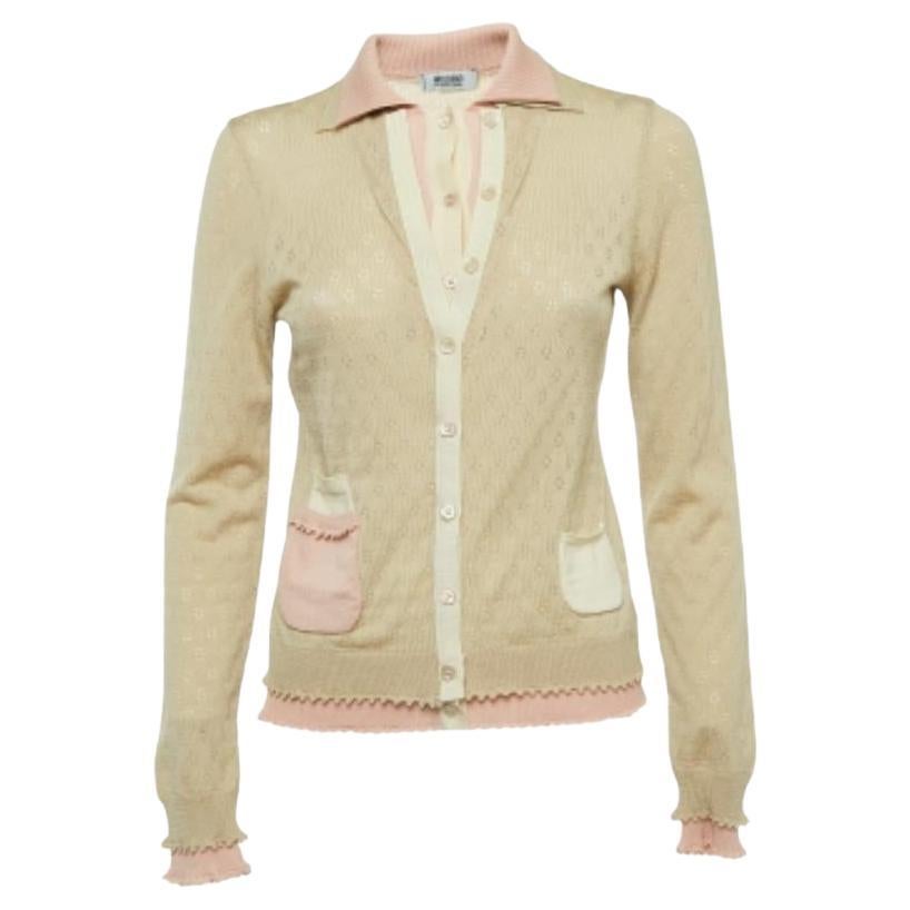 Moschino Cheap and Chic Beige/Pink Perforierter Wollstrick Strickjacke mit Knopfleiste M