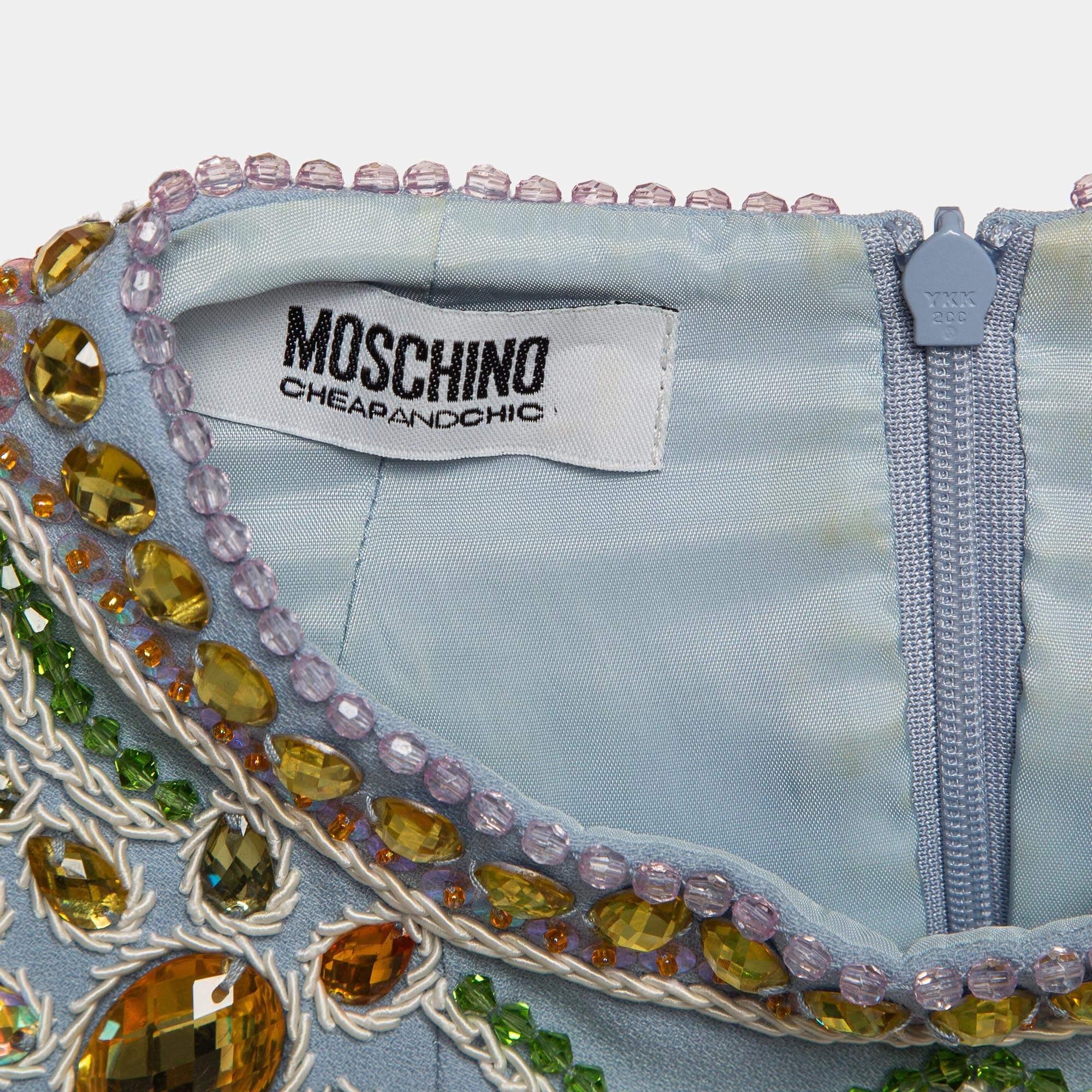Moschino Cheap and Chic Blaues ärmelloses Top aus verziertem Krepp S im Angebot 1