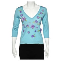 Moschino Cheap and Chic Blue Wool Floral Applique V-Neck Sweater M