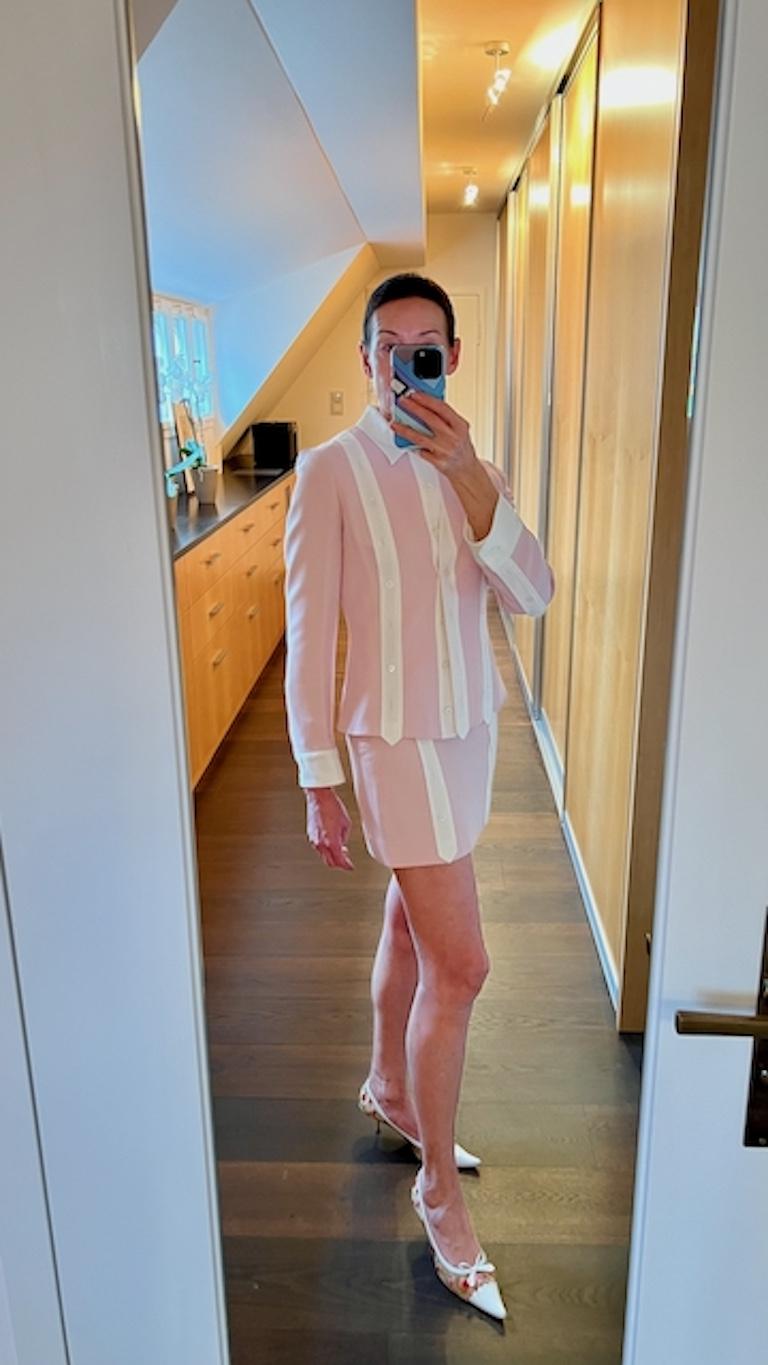MOSCHINO Cheap and Chic Early 1990s Pale Pink Top, Jacket & Mini Skirt Ensemble For Sale 11