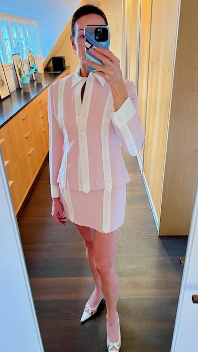 MOSCHINO Cheap and Chic Early 1990s Pale Pink Top, Jacket & Mini Skirt Ensemble For Sale 12