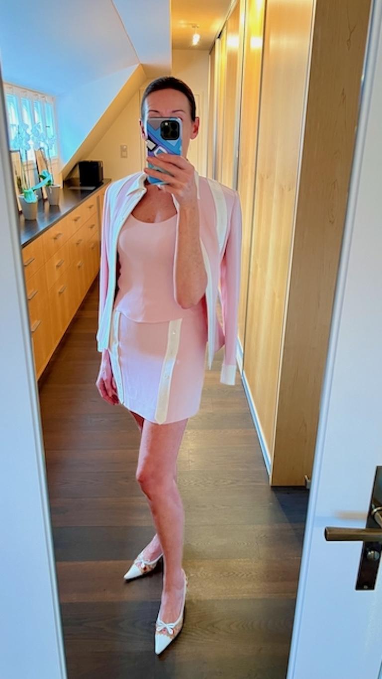 MOSCHINO Cheap and Chic Early 1990s Pale Pink Top, Jacket & Mini Skirt Ensemble For Sale 13
