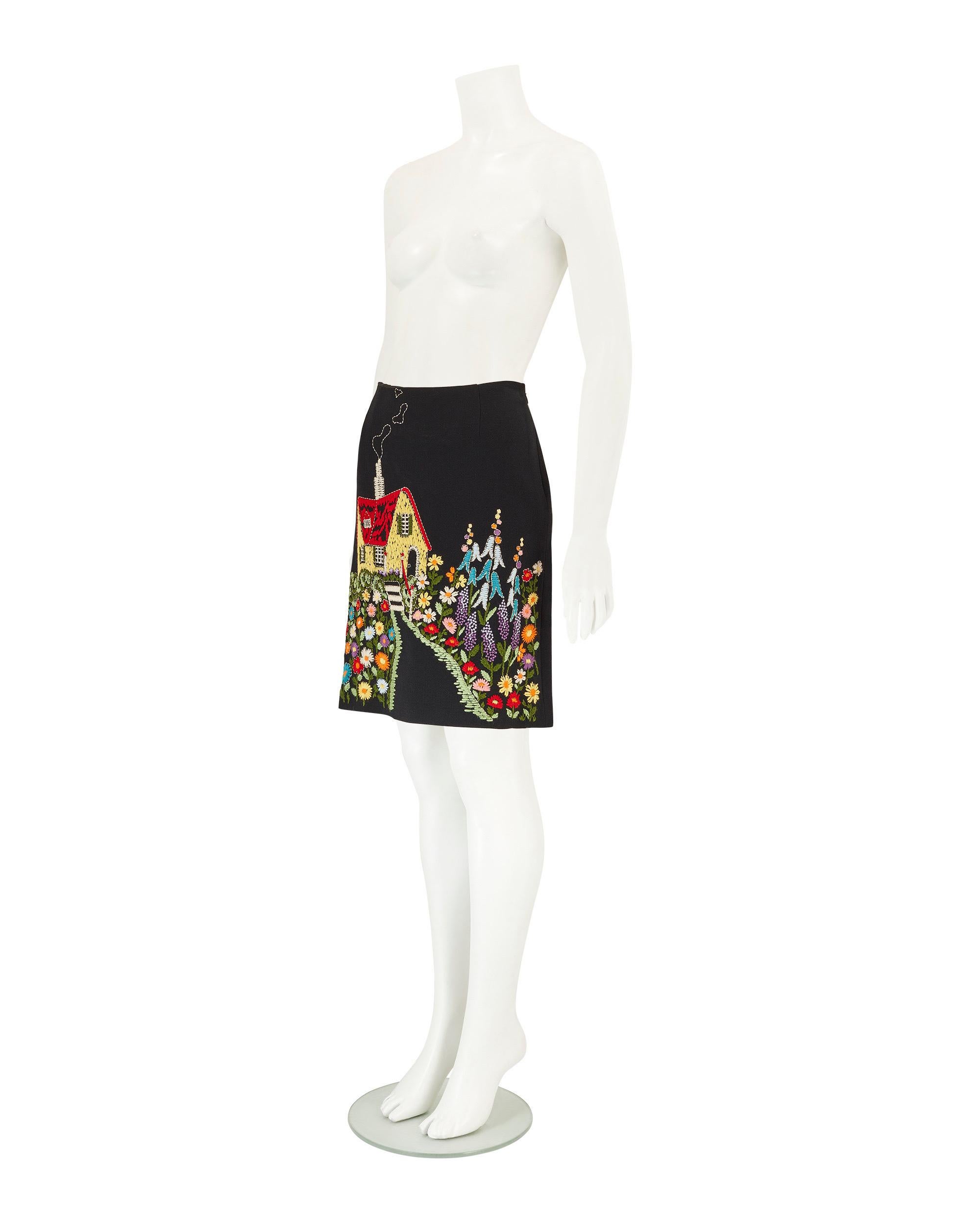 Moschino Cheap and Chic A/I 2001 Gonna in lana ricamata nera In condizioni ottime in vendita a Wembley, GB