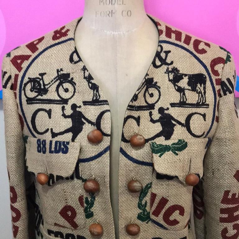 Moschino cheap and chic flax crop jacket

This burlap / flax / Jute jacket represents an eco-friendly theme, with acorns for buttons & burlap for material!  This jacket was made famous as seen on The Nanny's character, Fran Fein.  
Jacket is fun &