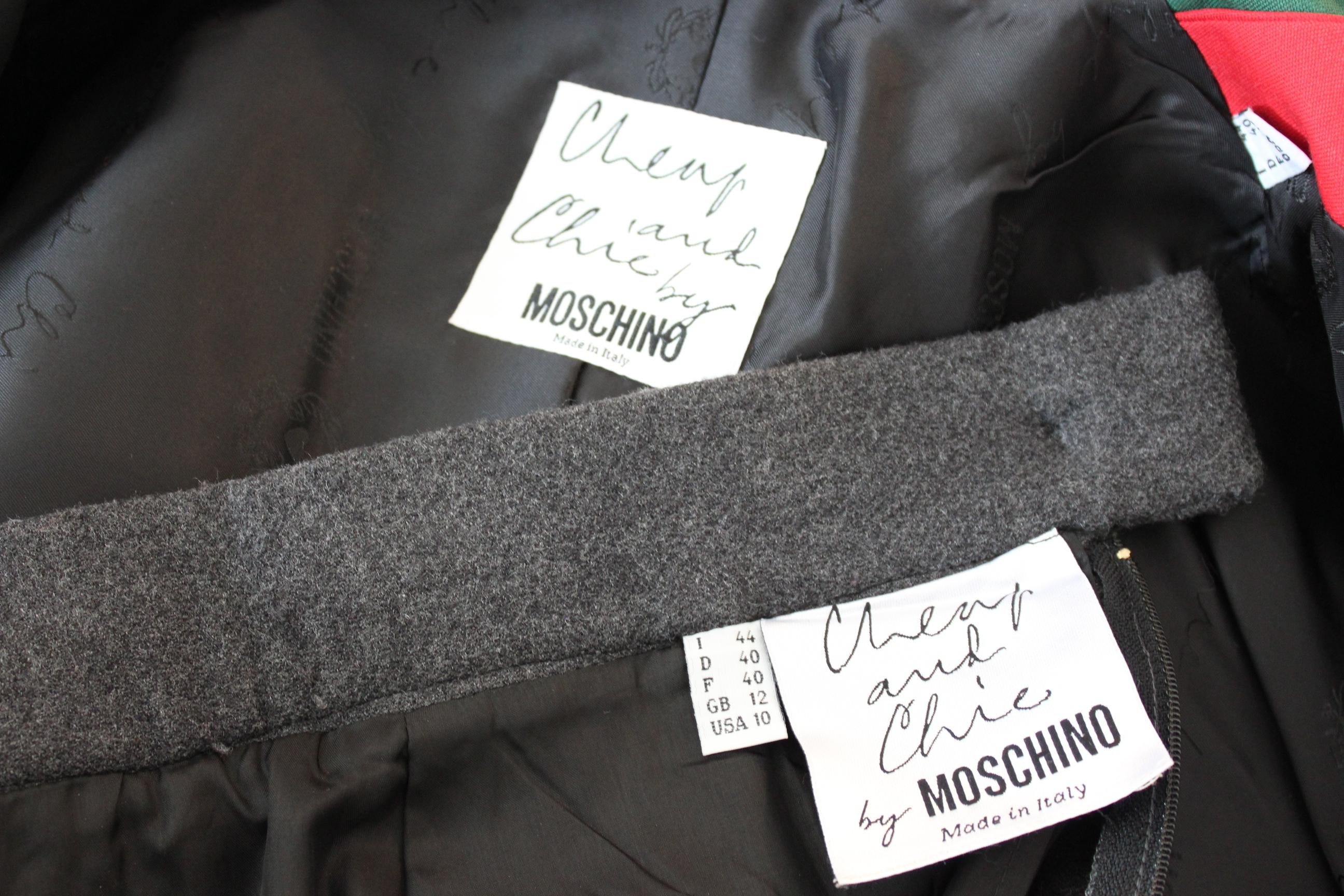 Moschino Gray Wool Pom Pom Suit Skirt and Jacket Dress 1990s 6