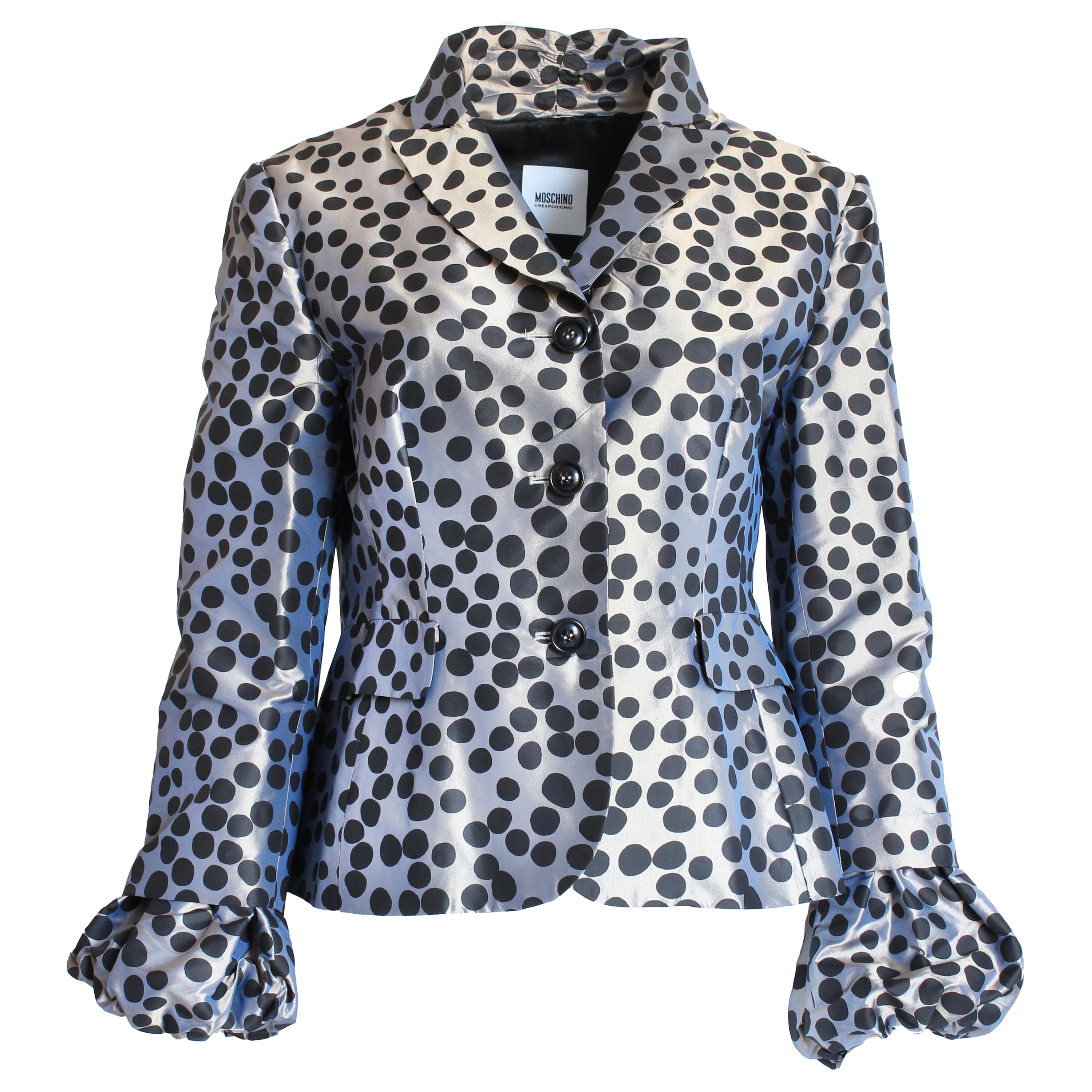 Moschino Cheap and Chic Gunmetal Silk Polka Dot Puff Sleeve Jacket US 12 Italy For Sale