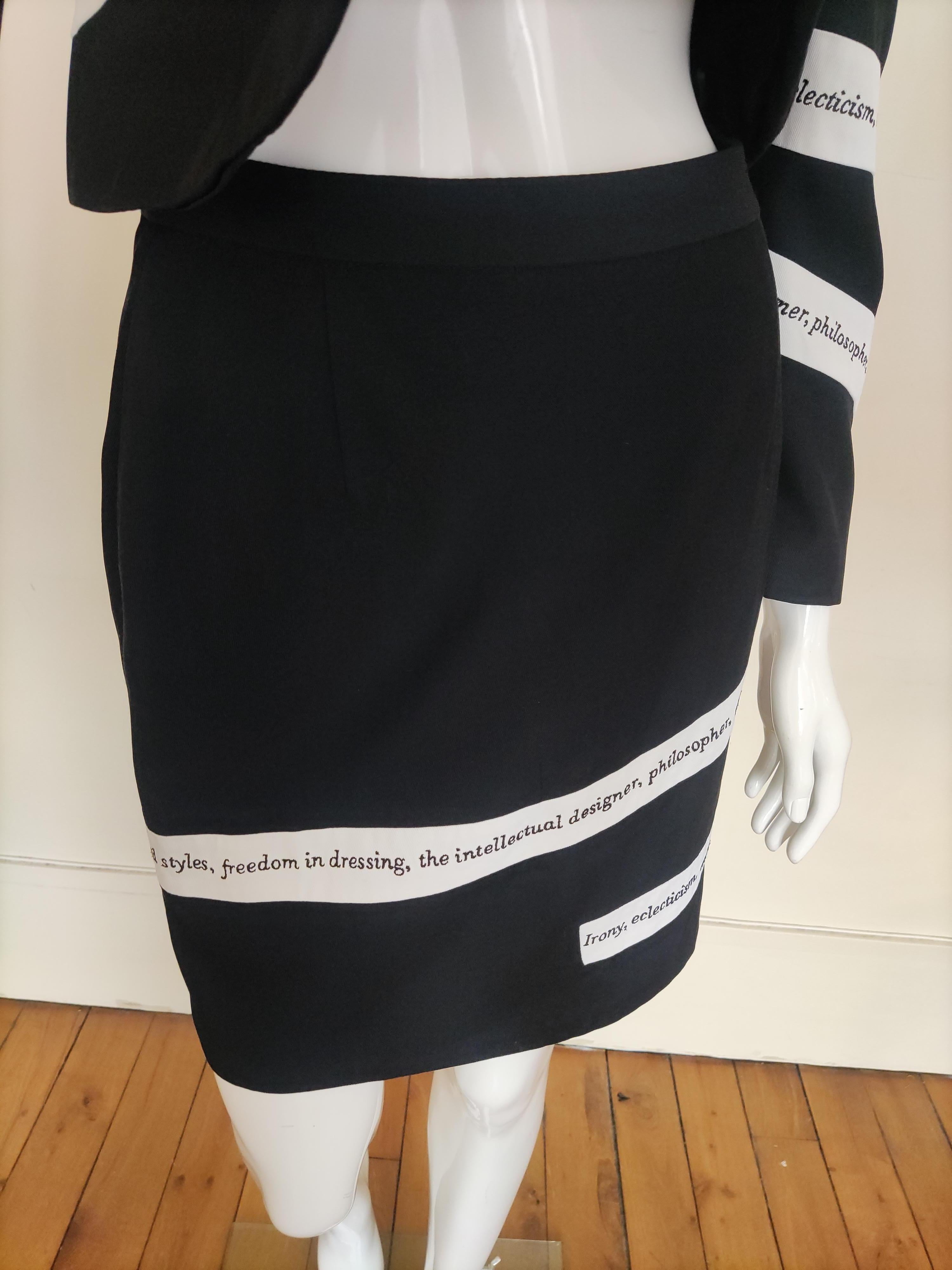 Moschino Cheap and Chic Irony Text Tape Vintage Couture Black White Dress Suit For Sale 11