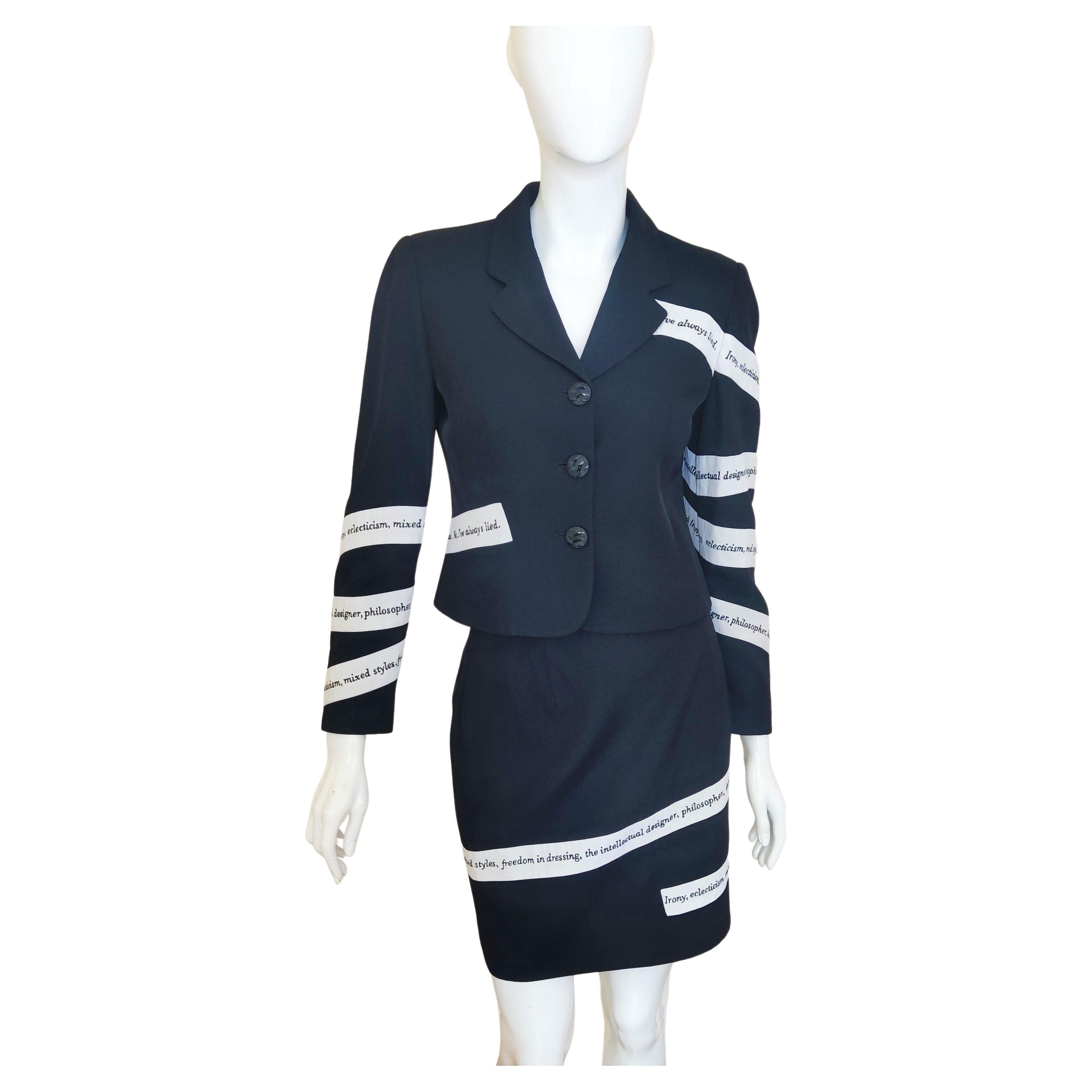 Moschino Cheap and Chic Ironies Text Tape Vintage Couture Black White Dress Suit