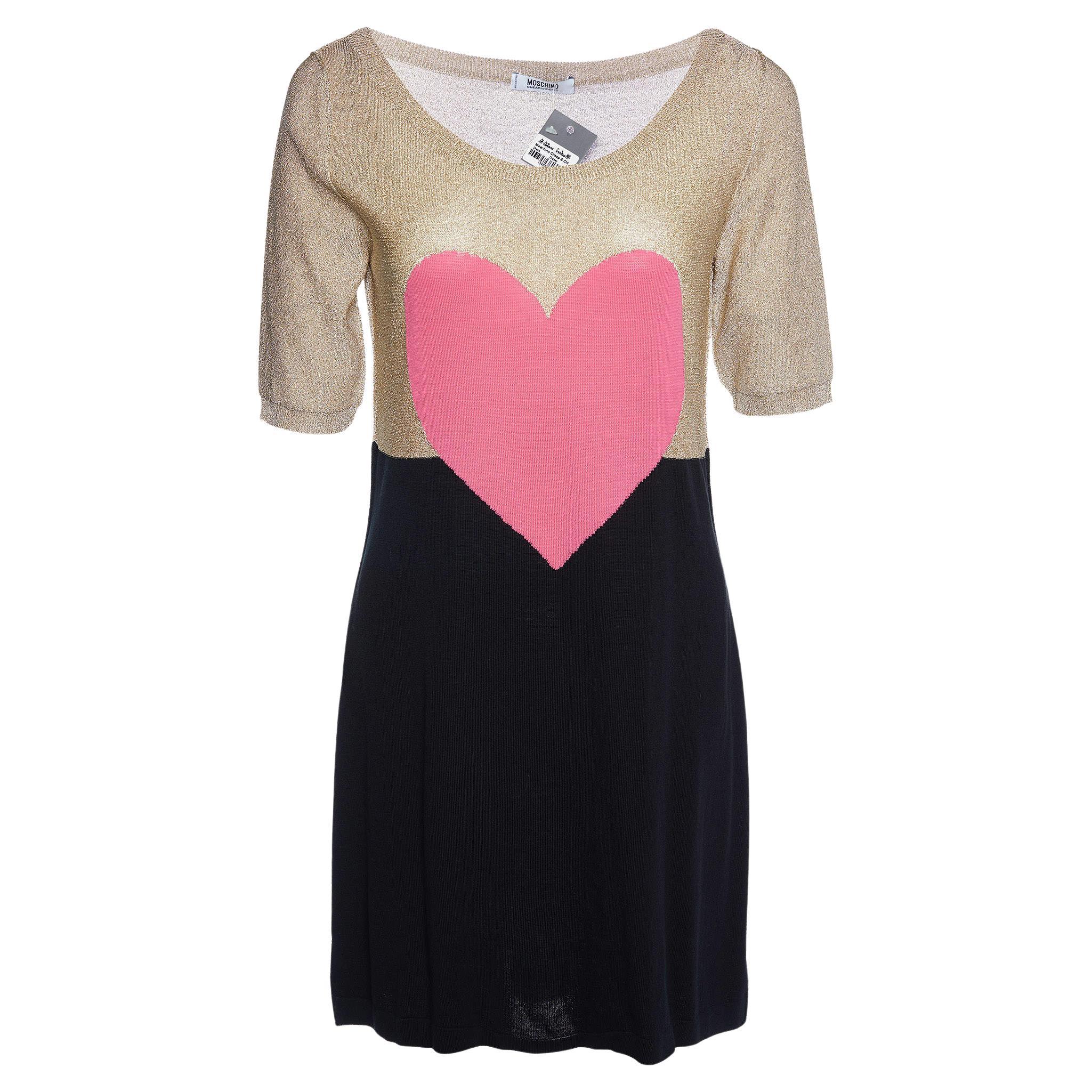 Moschino Cheap and Chic Multicolor Heart Lurex & Cotton Knit Mini Dress M For Sale