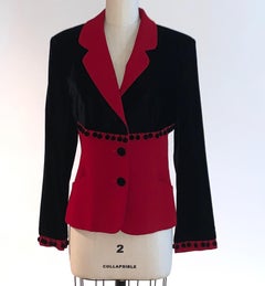 Moschino Cheap and Chic Red and Black Velvet  Pom Pom Blazer Jacket 1990s