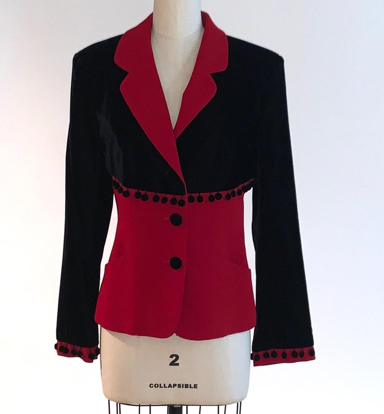 Moschino Cheap and Chic Red and Black Velvet Pom Pom Blazer Jacket 1990s  For Sale at 1stDibs
