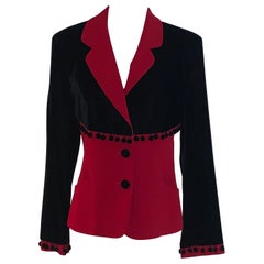 Moschino Cheap and Chic Red and Black Velvet  Pom Pom Blazer Jacket 1990s 