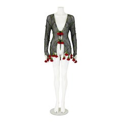 Moschino Cheap and Chic S/S 1997 Black Knit Crochet Red Rose Cardigan