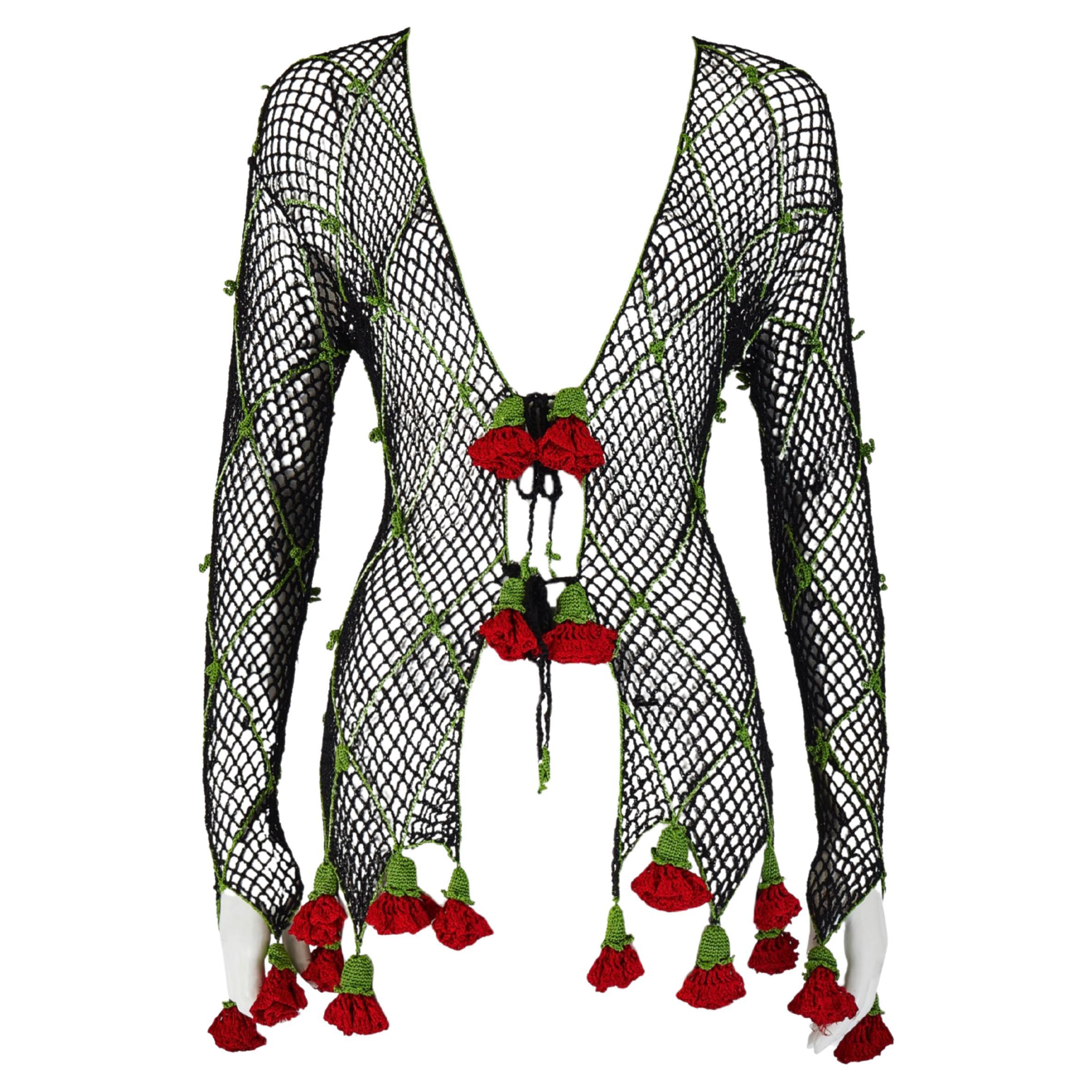 Moschino Cheap and Chic S/S 1997 Black Knit Crochet Red Rose Cardigan