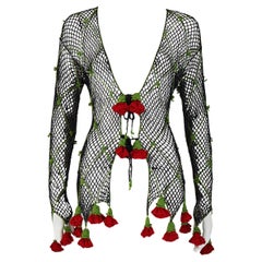 Moschino Cheap and Chic S/S 1997 Black Knit Crochet Red Rose Cardigan