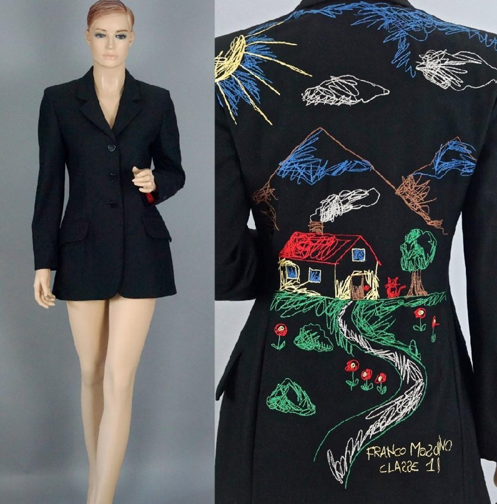 Vintage Rare MOSCHINO CHEAP and CHIC Village Scenery Embroidered Novelty Blazer Jacket

Measurements taken laid flat, please double bust and waist:
Shoulder: 15.35 inches (40 cm)
Sleeves: 24.21 inches (59 cm)
Bust: 17.51 inches (46 cm)
Waist: 15.35