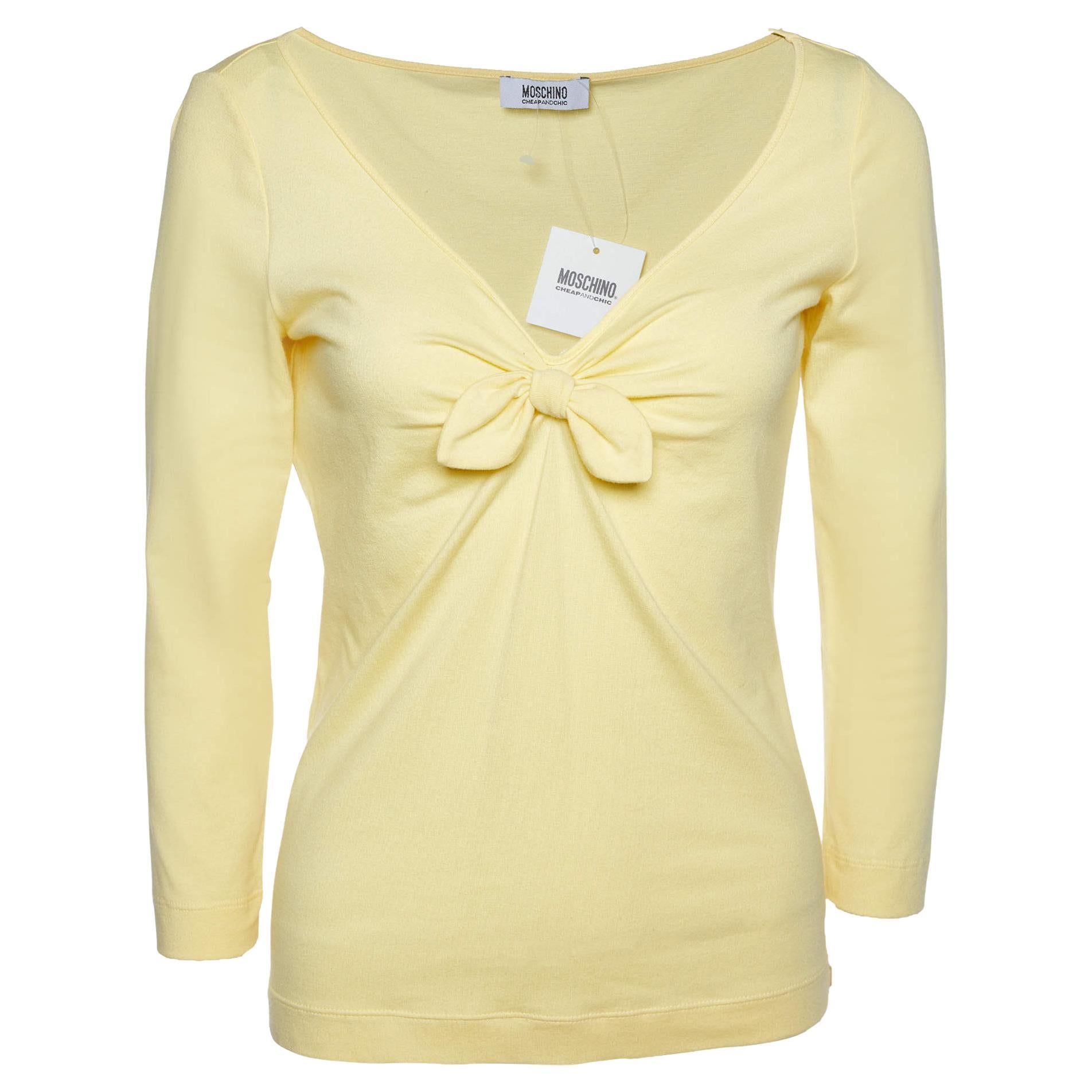 Moschino Cheap and Chic Yellow Cotton Knit Bow Detail T-Shirt M For Sale