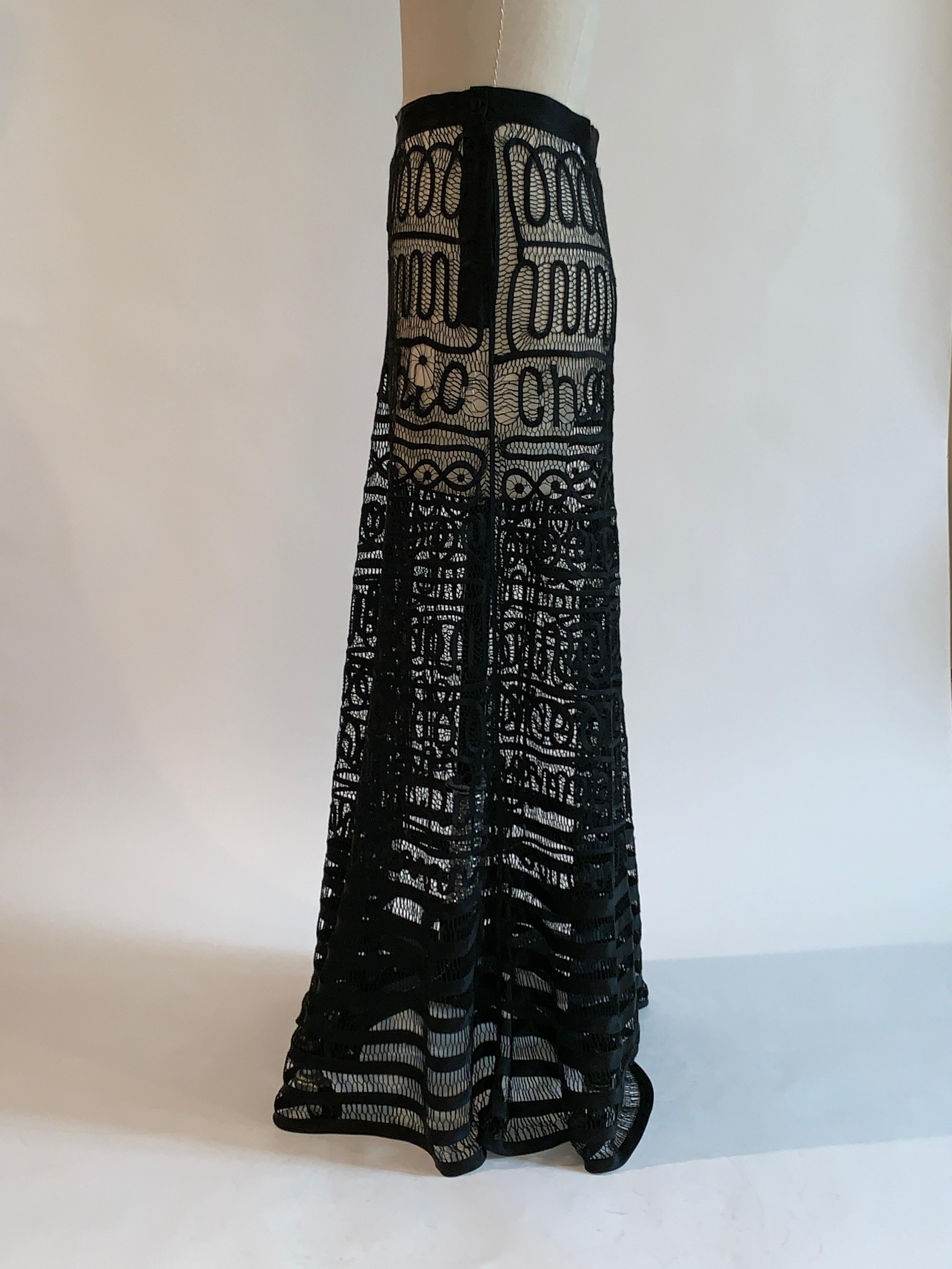 Moschino Cheap & Chic 1990s Black Sheer Passamenterie Lace Ribbon Maxi Skirt In Good Condition In San Francisco, CA