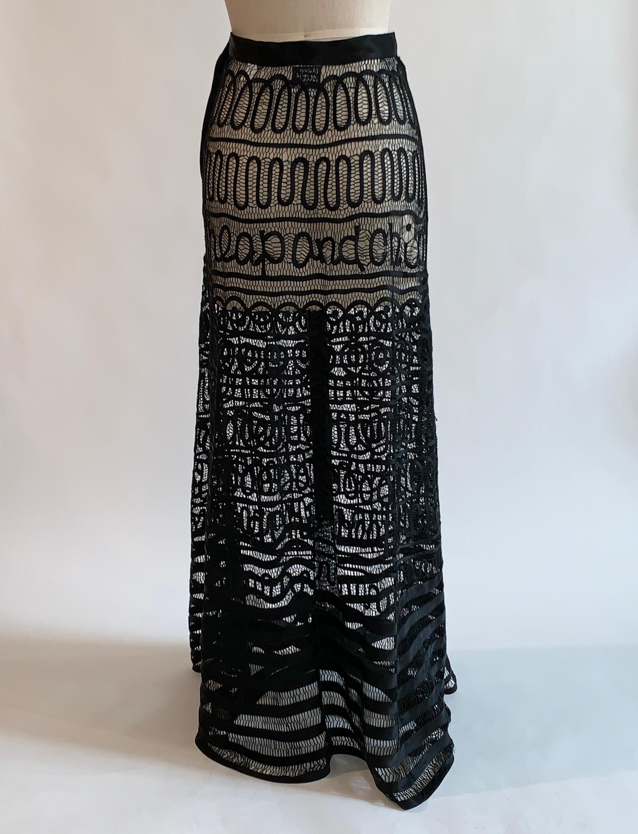 Women's Moschino Cheap & Chic 1990s Black Sheer Passamenterie Lace Ribbon Maxi Skirt
