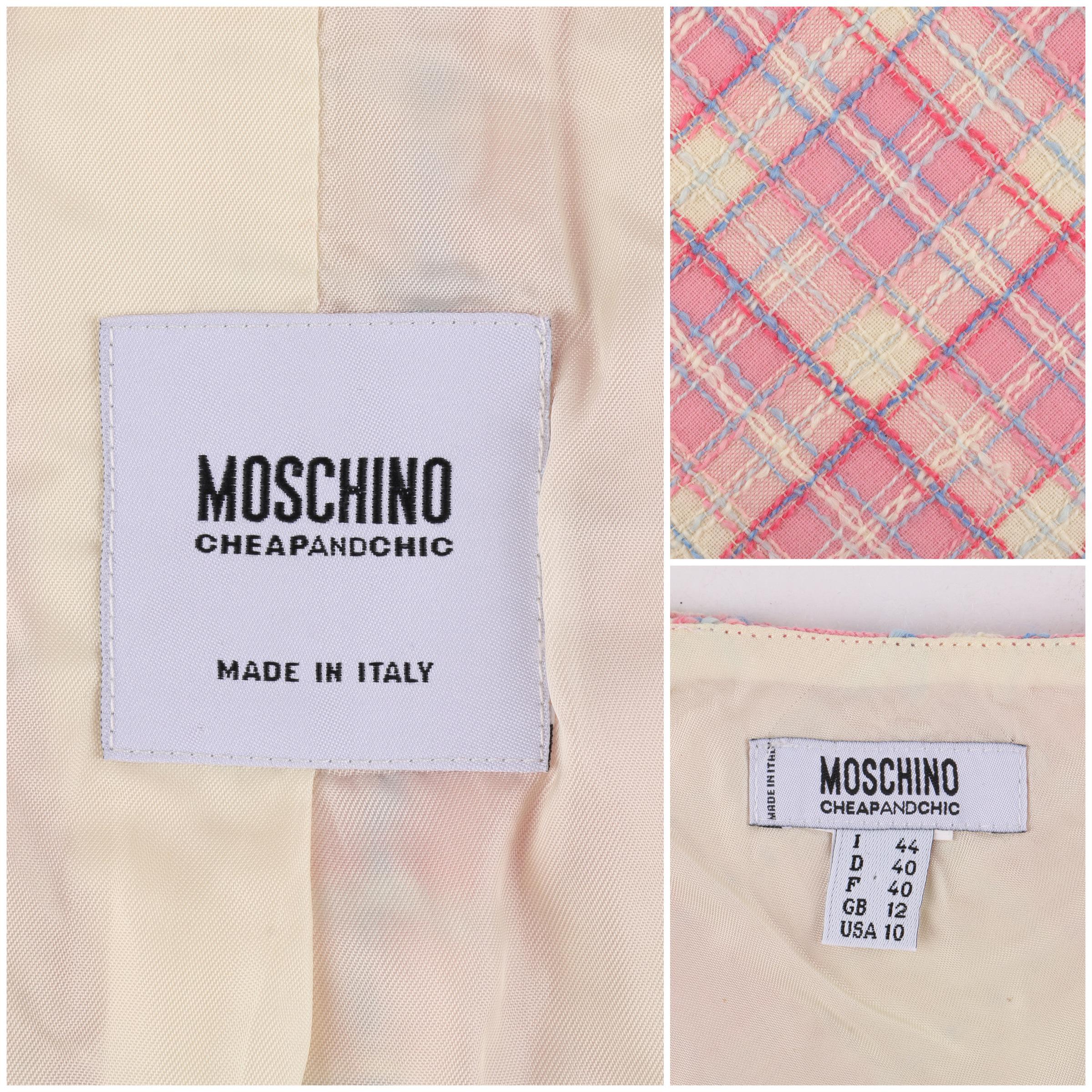 MOSCHINO Cheap & Chic 2pc Pink Plaid Tweed Fringed Jacket Skirt Suit Set 2