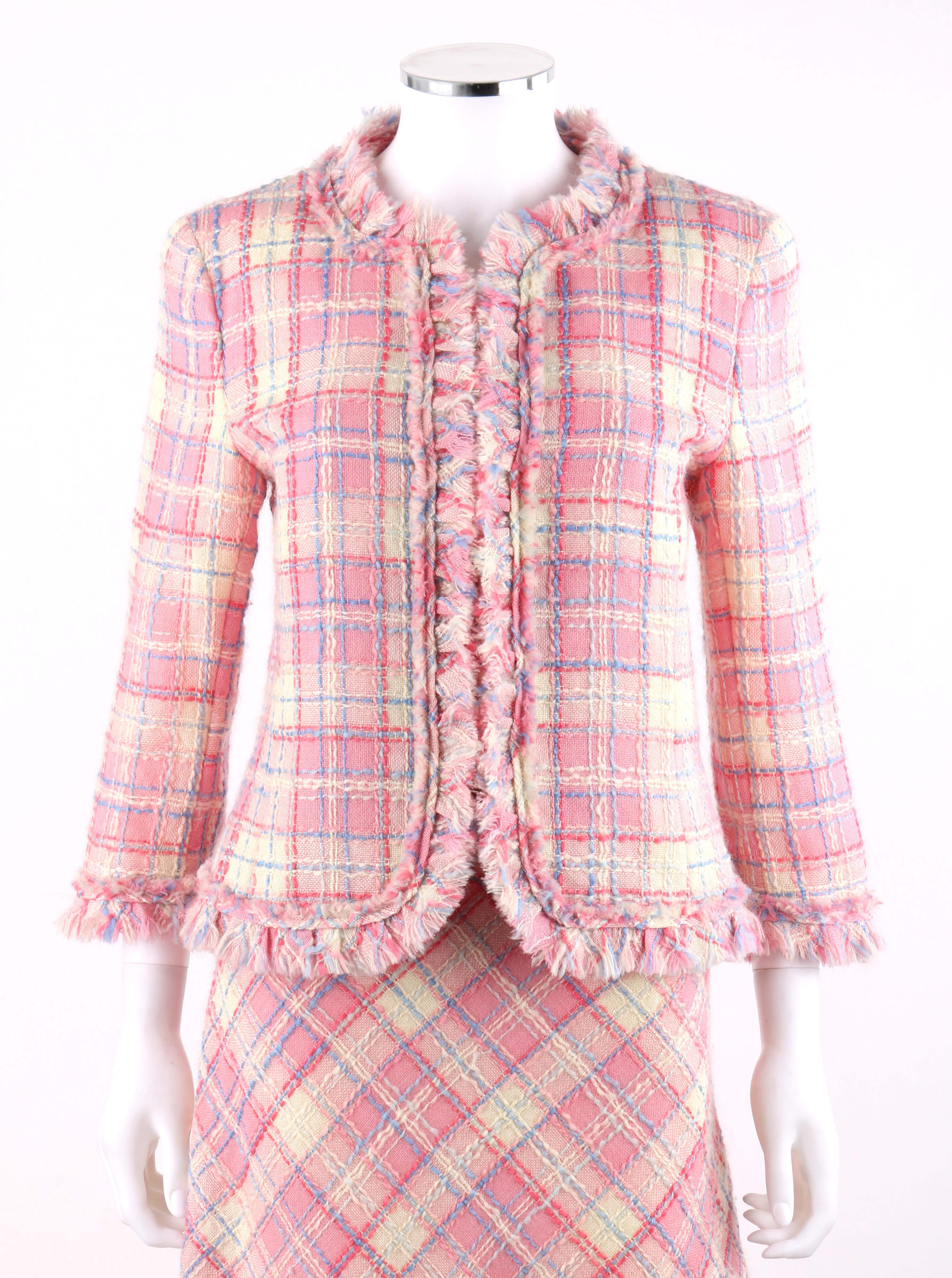 DESCRIPTION: MOSCHINO Cheap & Chic 2pc Pink Plaid Tweed Fringed Jacket Skirt Suit Set 
 
Brand / Manufacturer: Moschino 
Collection: Cheap & Chic 
Style: Skirt Suit
Color(s): Shades of pink, blue, and white
Lined: Yes
Unmarked Fabric Content (feel
