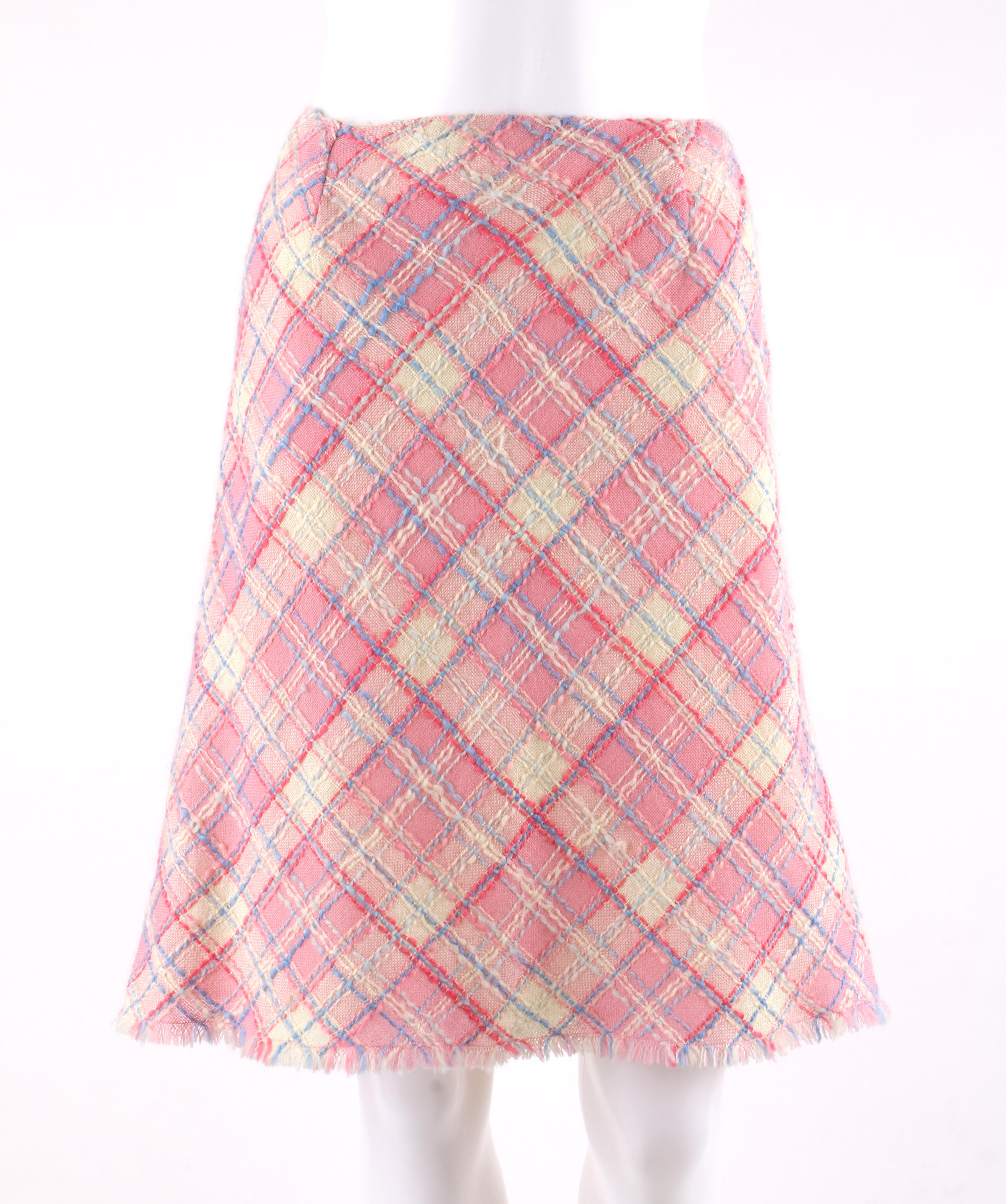 Beige MOSCHINO Cheap & Chic 2pc Pink Plaid Tweed Fringed Jacket Skirt Suit Set
