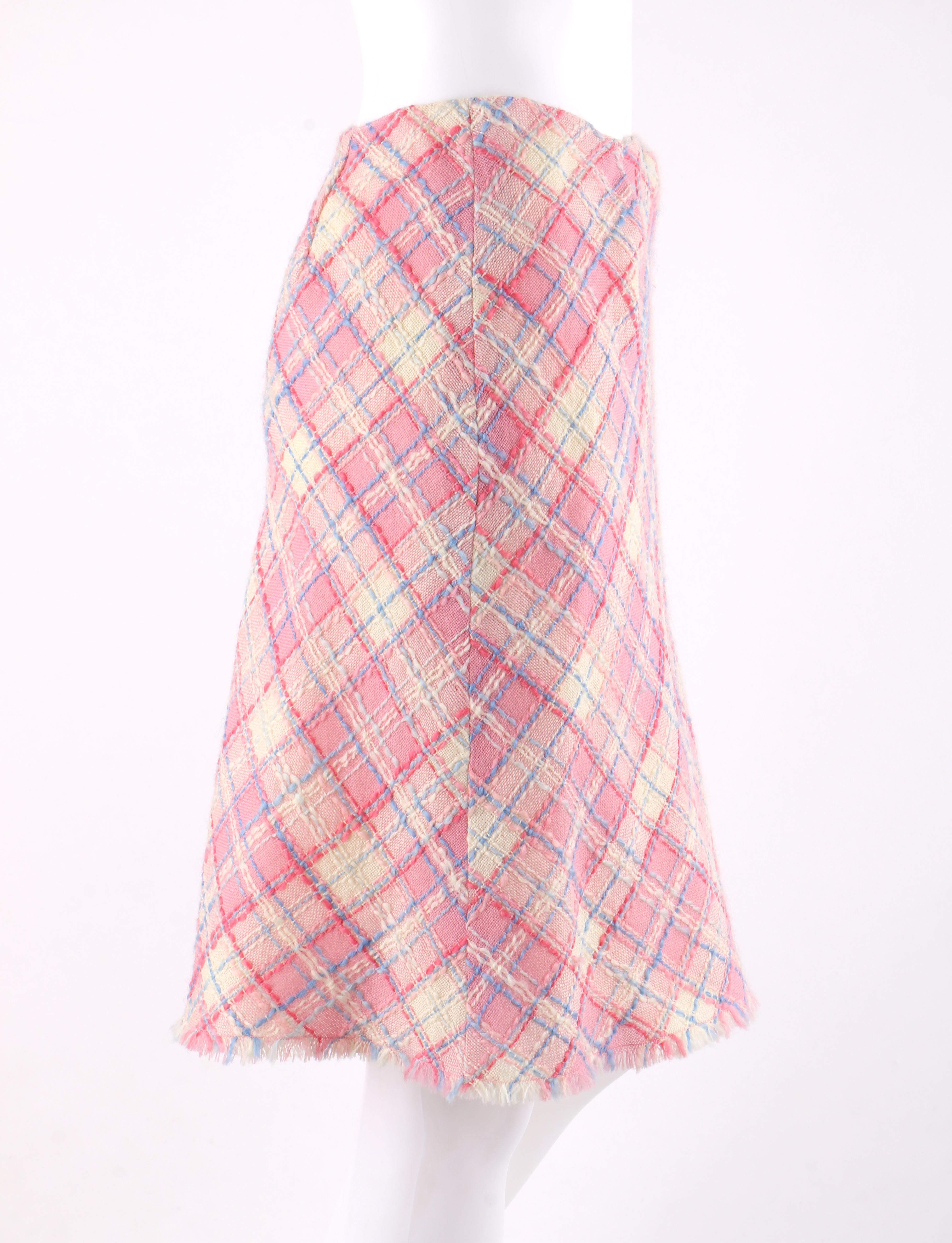 MOSCHINO Cheap & Chic 2pc Pink Plaid Tweed Fringed Jacket Skirt Suit Set In Good Condition In Thiensville, WI