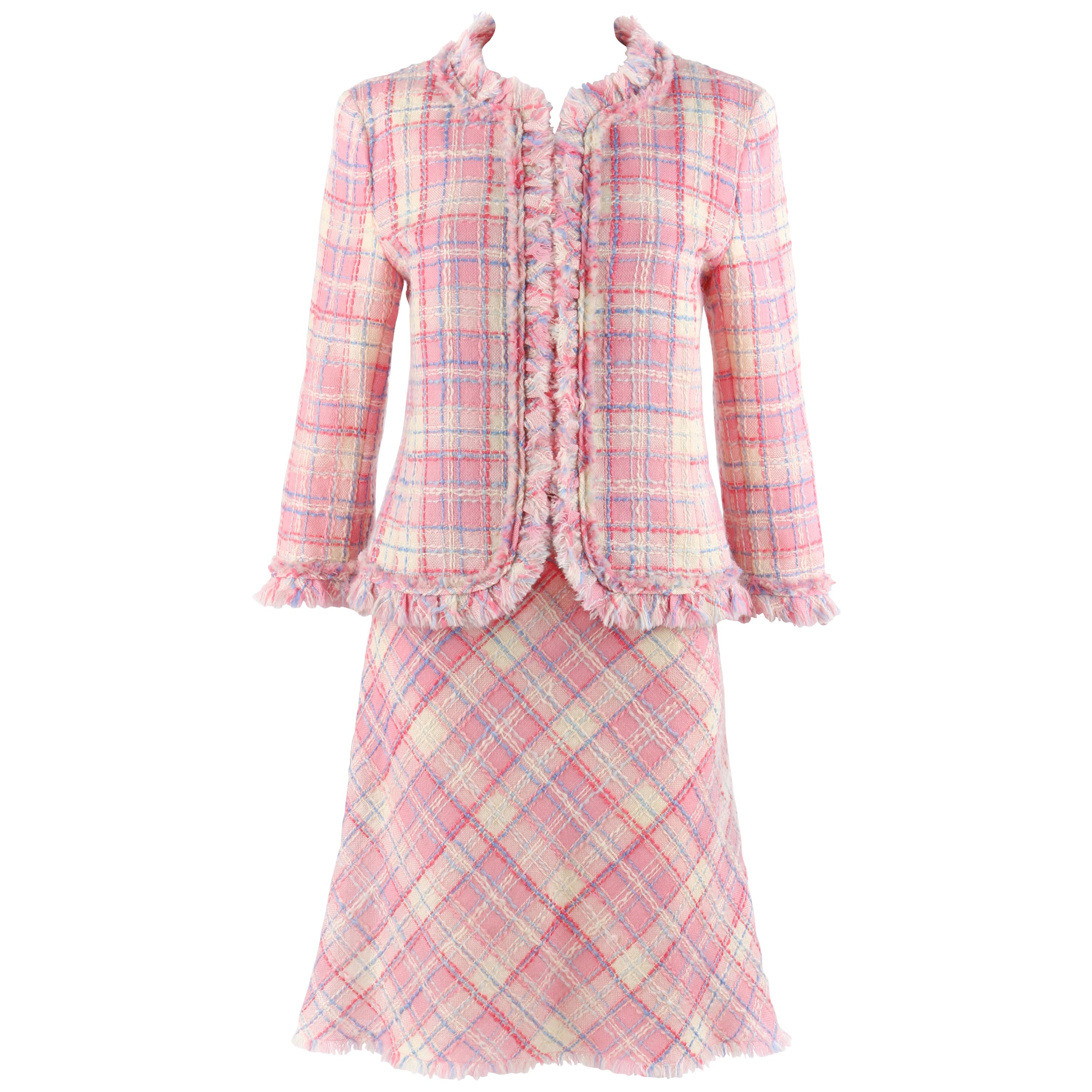 MOSCHINO Cheap & Chic 2pc Pink Plaid Tweed Fringed Jacket Skirt Suit Set 
