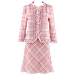 MOSCHINO Cheap & Chic 2pc Pink Plaid Tweed Fringed Jacket Skirt Suit Set